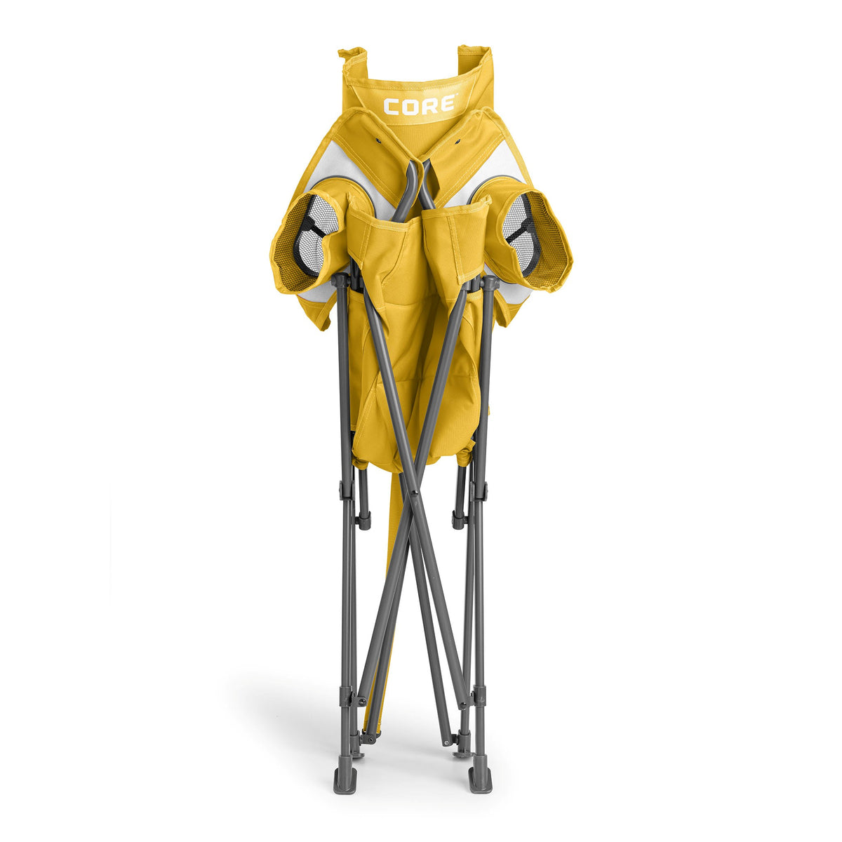 CORE yellow gold tension chair folded with a built-in carry strap for easy transport.