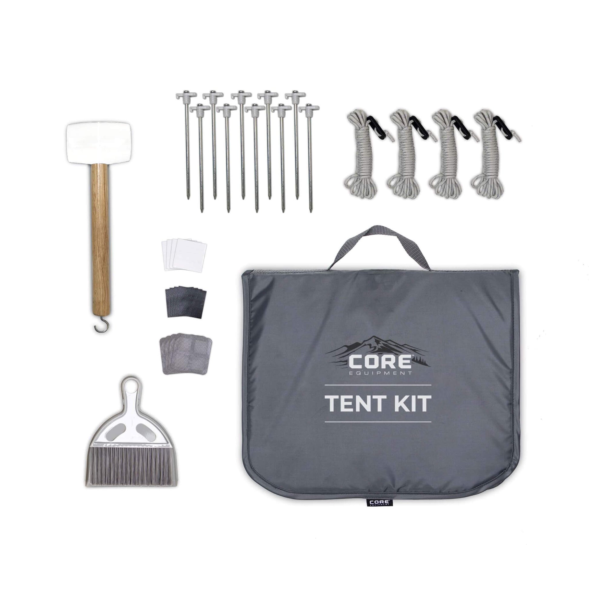 CORE tent kit with mallet, stakes, guylines, dustpan, brush, patches, and storage bag for complete tent setup and care.