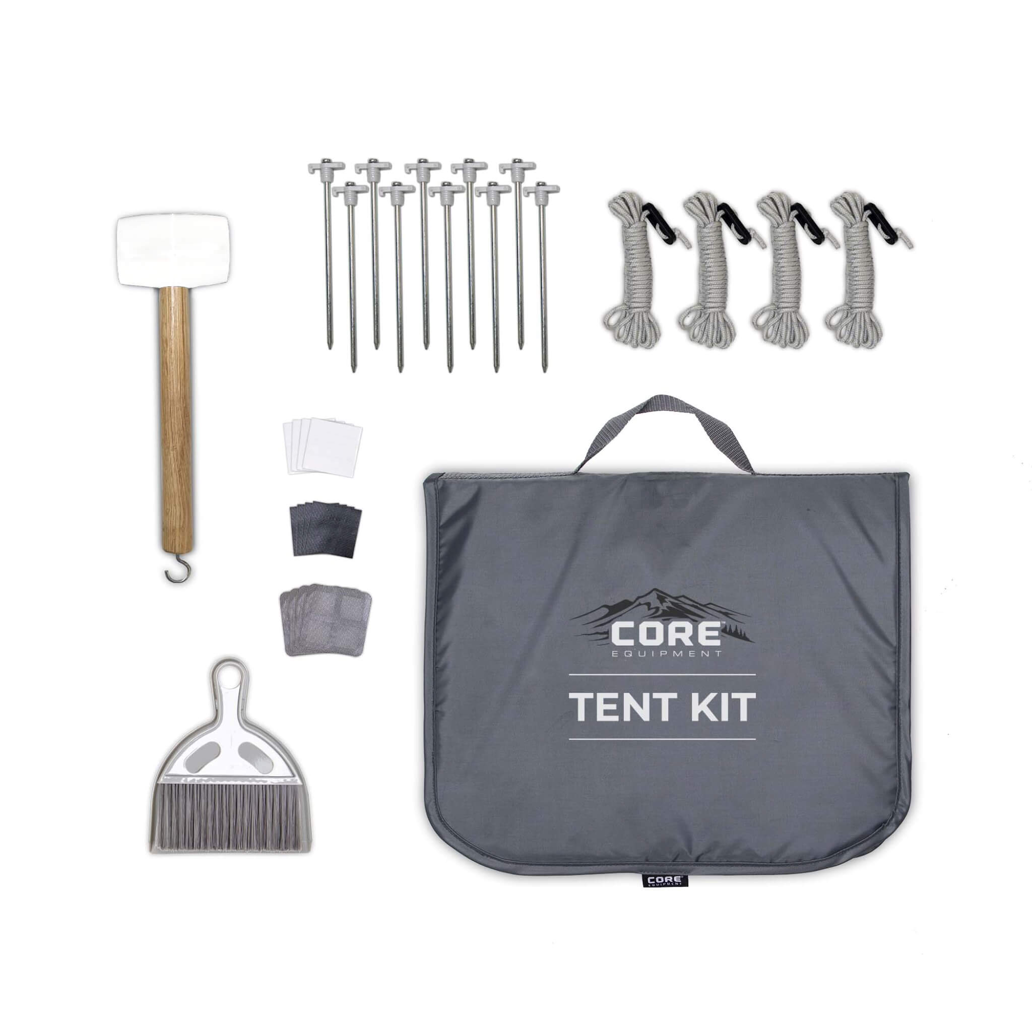 CORE tent kit with mallet, stakes, guylines, dustpan, brush, patches, and storage bag for complete tent setup and care.