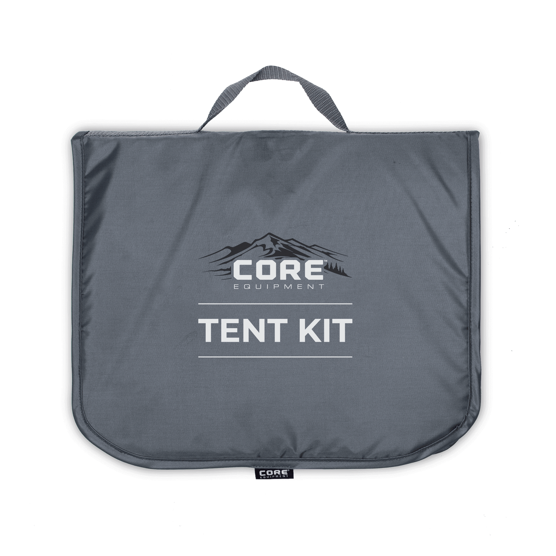 CORE tent kit in gray zippered carry bag with handle, includes essential tools for pitching and maintaining tents.