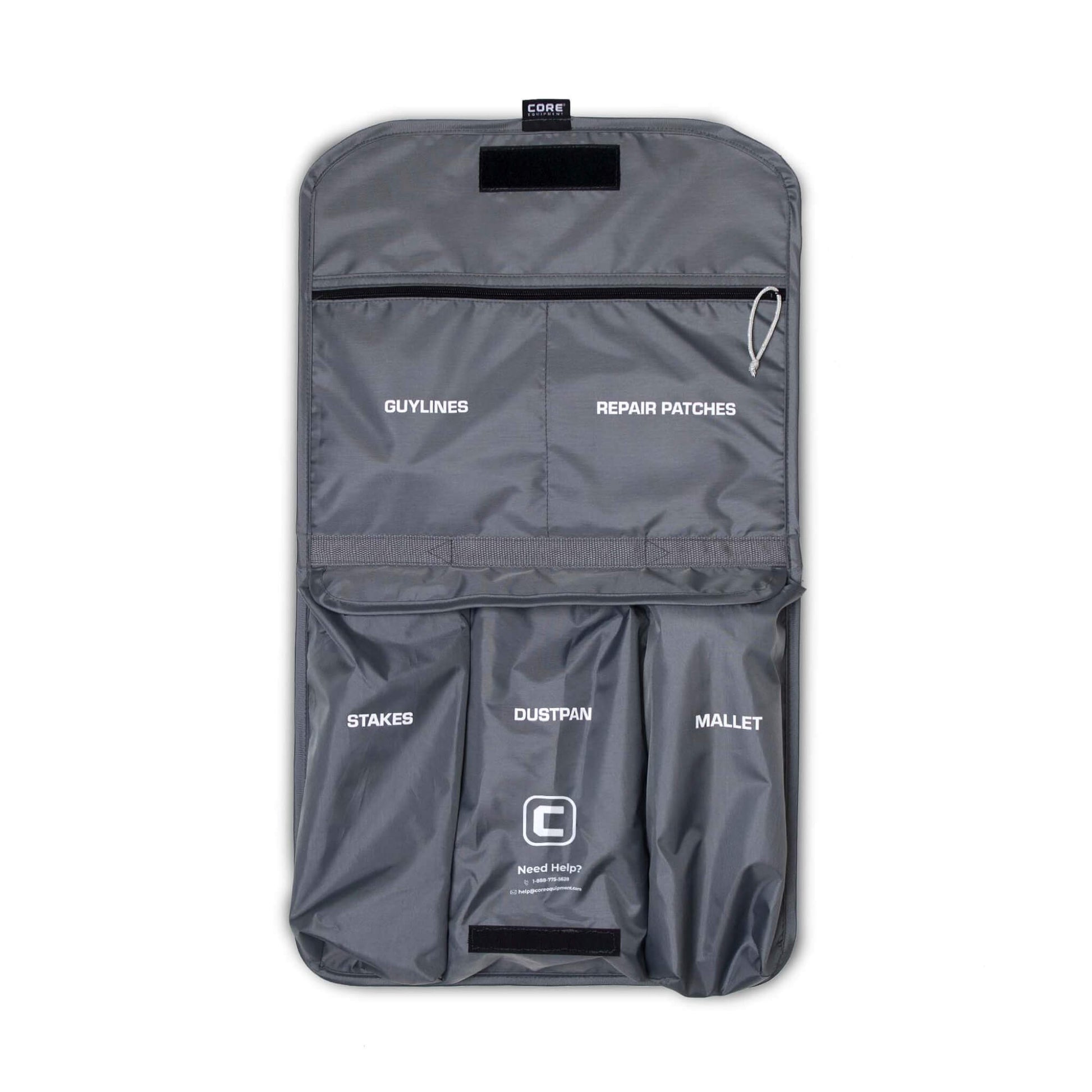 CORE tent kit hanging storage bag with labeled compartments for mallet, stakes, guylines, and small tools.