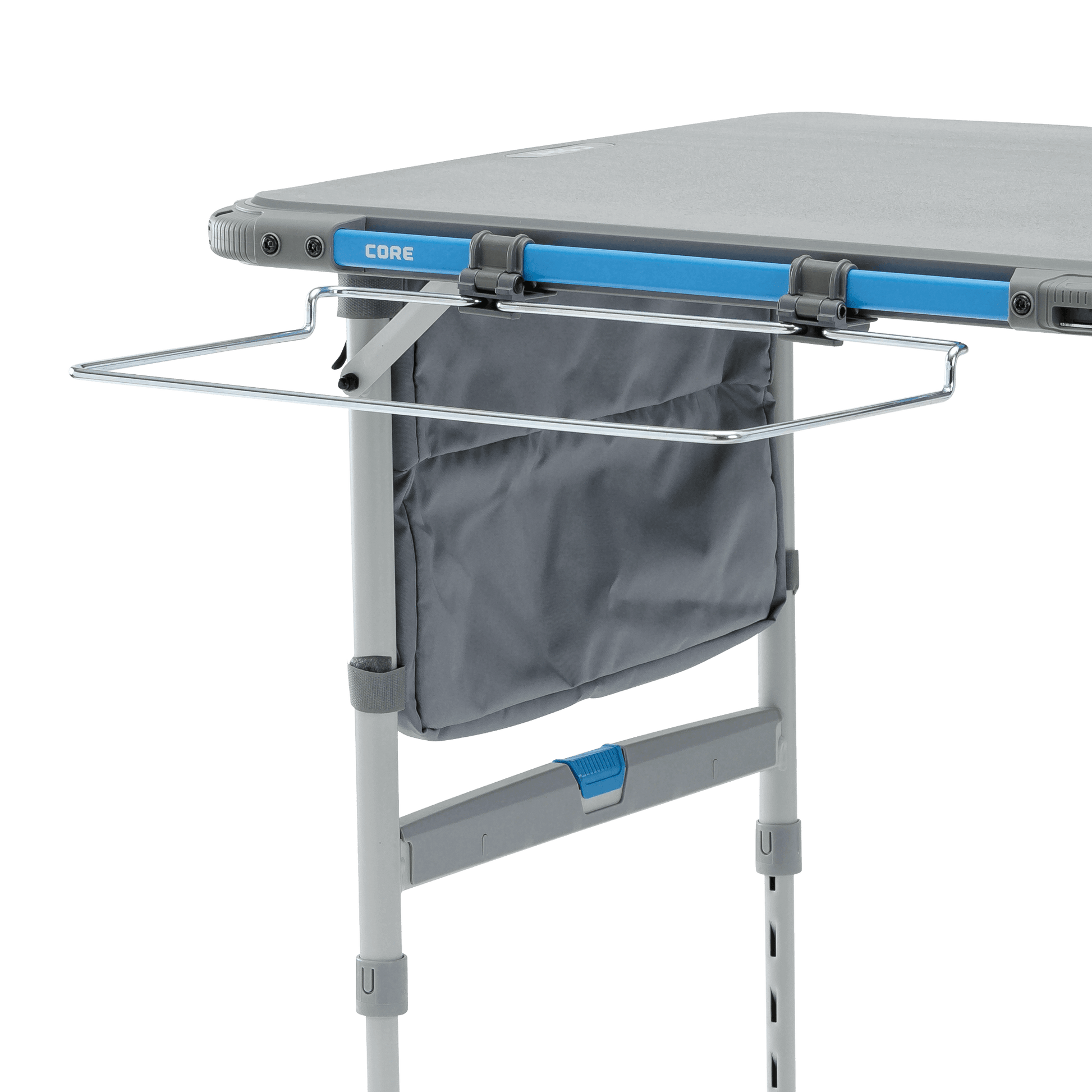 The CORE trash bag holder accessory attaches to the cook table and fits standard 13-gallon bags for easy campsite cleanup.