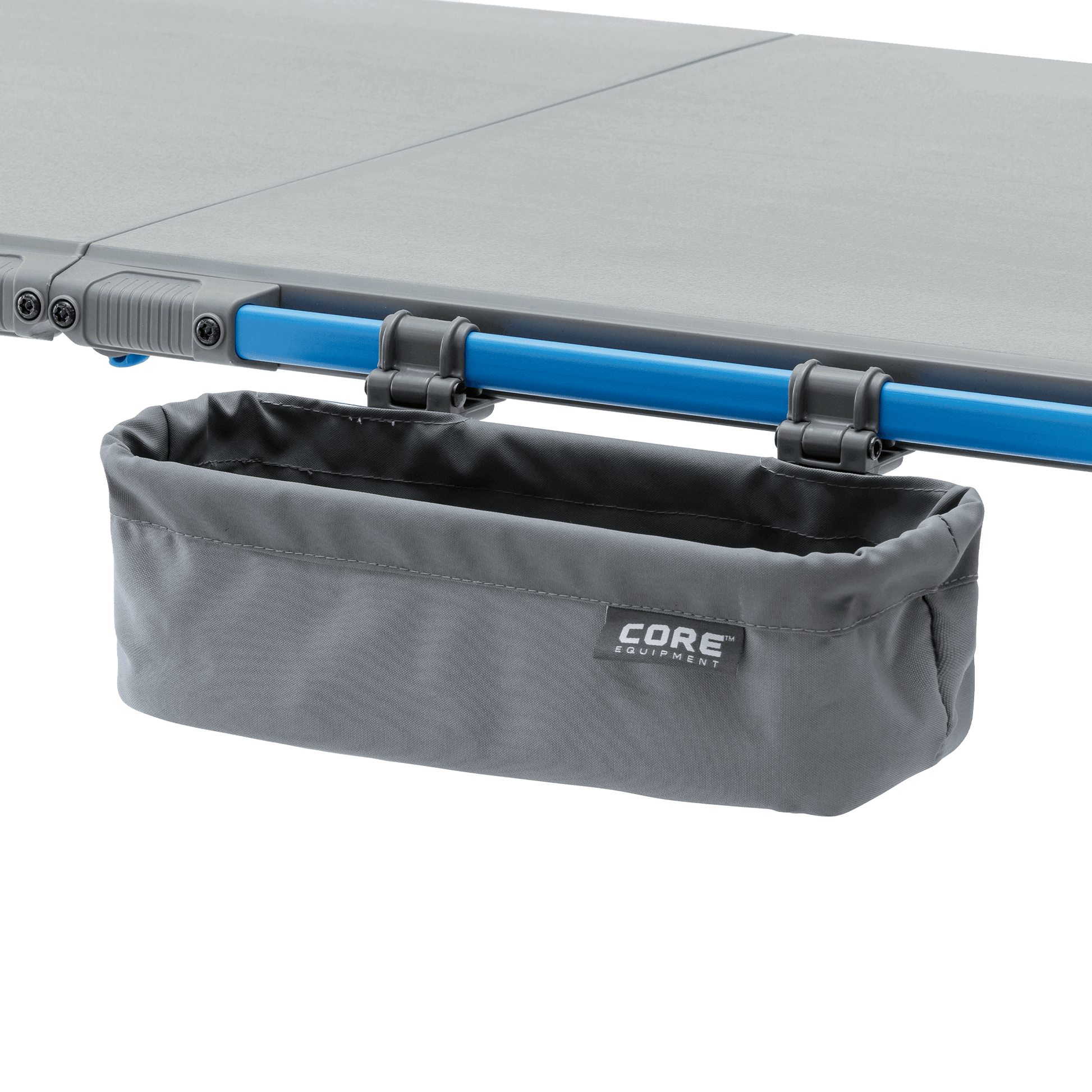 CORE utility basket in gray attaches to FlexRail camp kitchen table, providing extra storage space for spices, bottles, or gear.