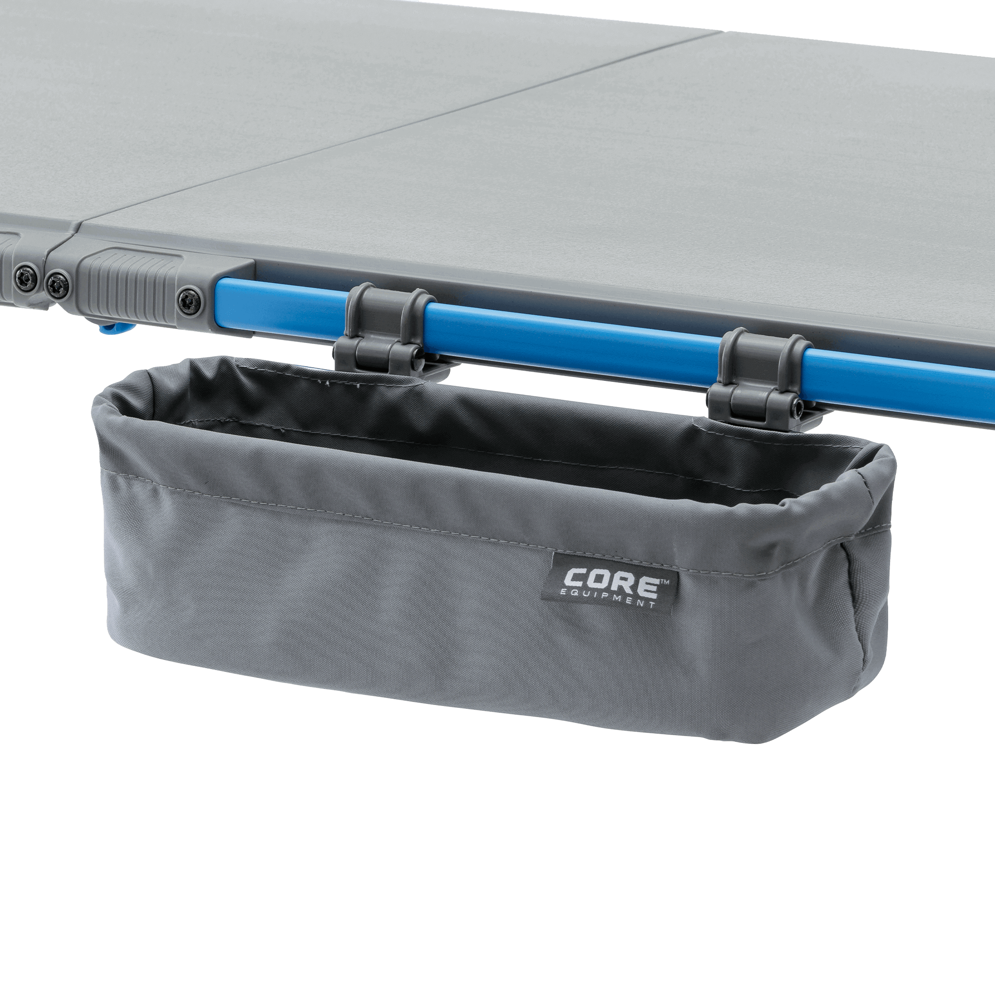 CORE utility basket in gray attaches to FlexRail camp kitchen table, providing extra storage space for spices, bottles, or gear.