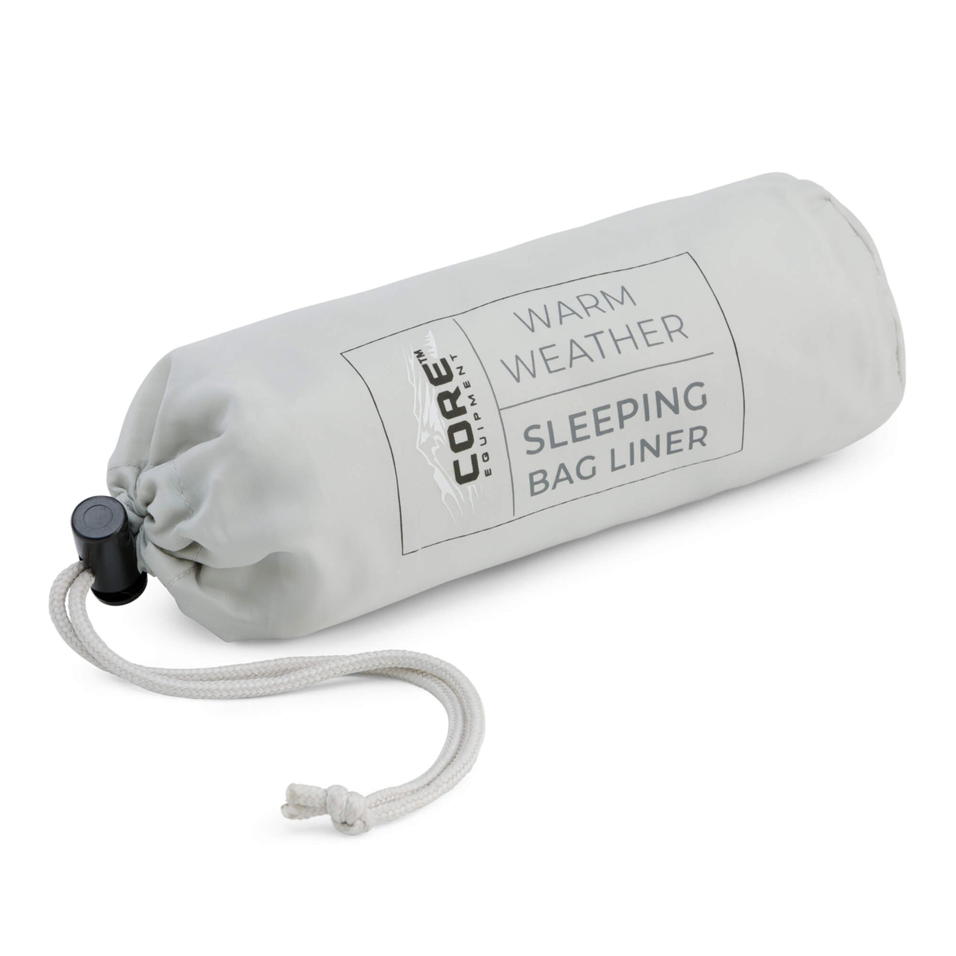 Sleeping bag liner with drawstring in carry bag.