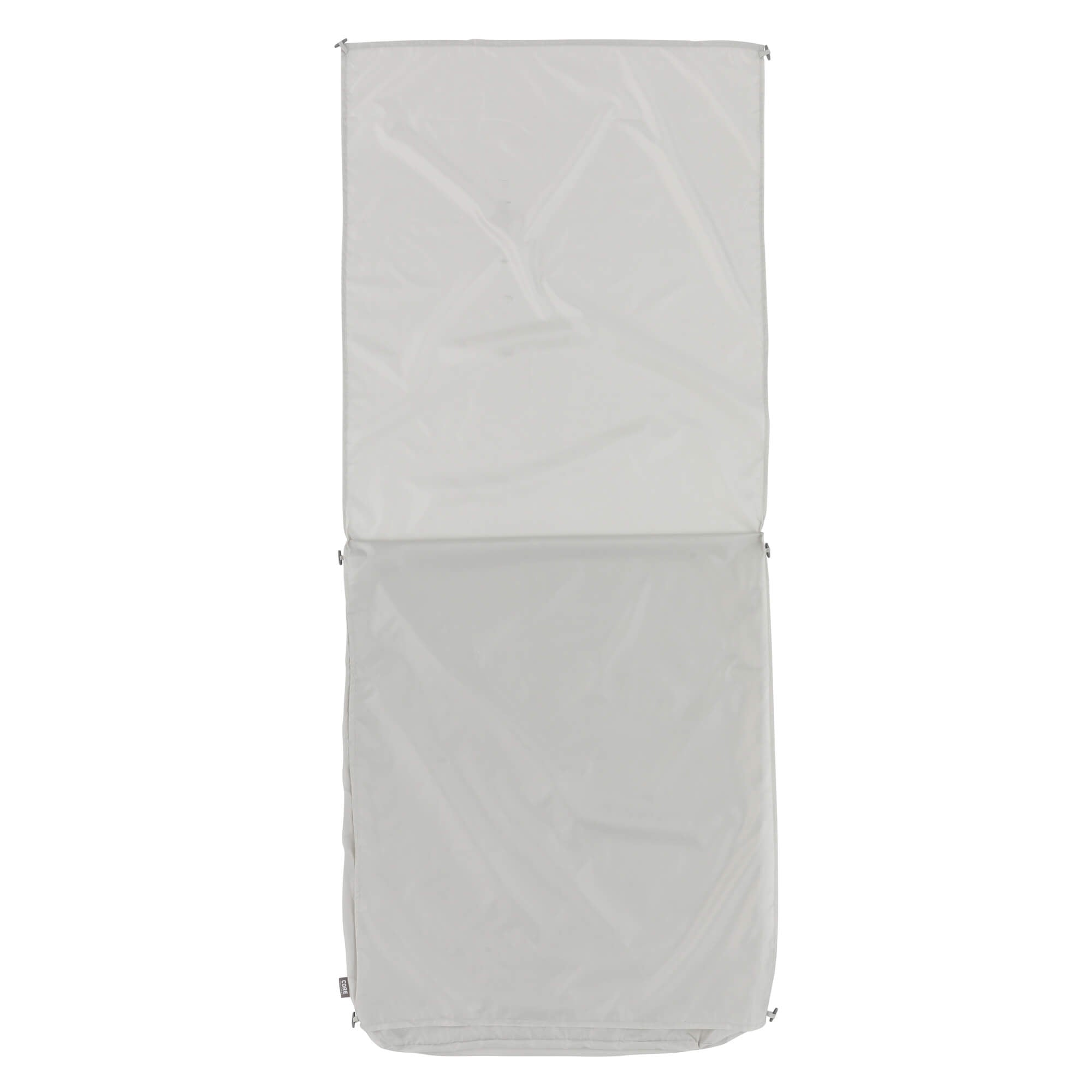 Light gray sleeping bag liner with top half folded down.