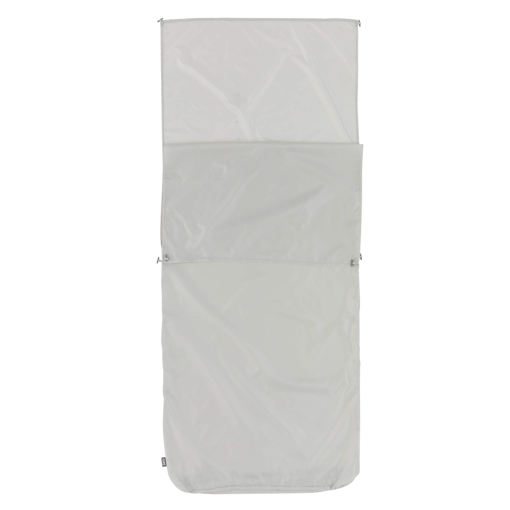 Light gray sleeping bag liner with top middle half folded down.