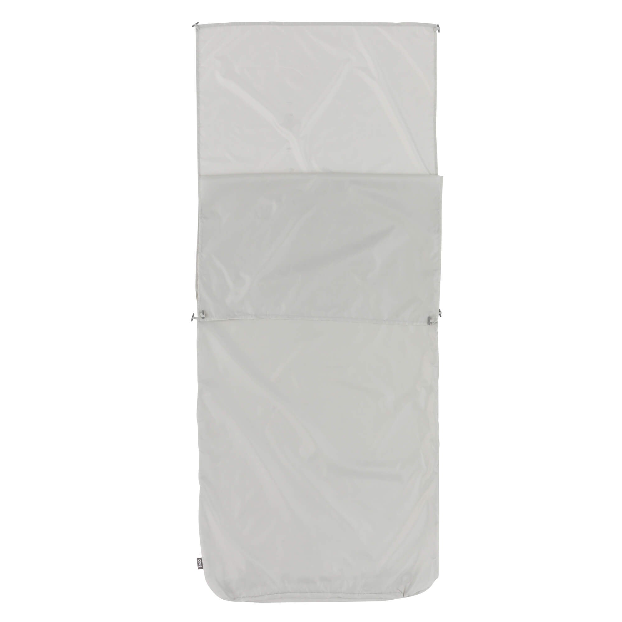 Light gray sleeping bag liner with top middle half folded down.