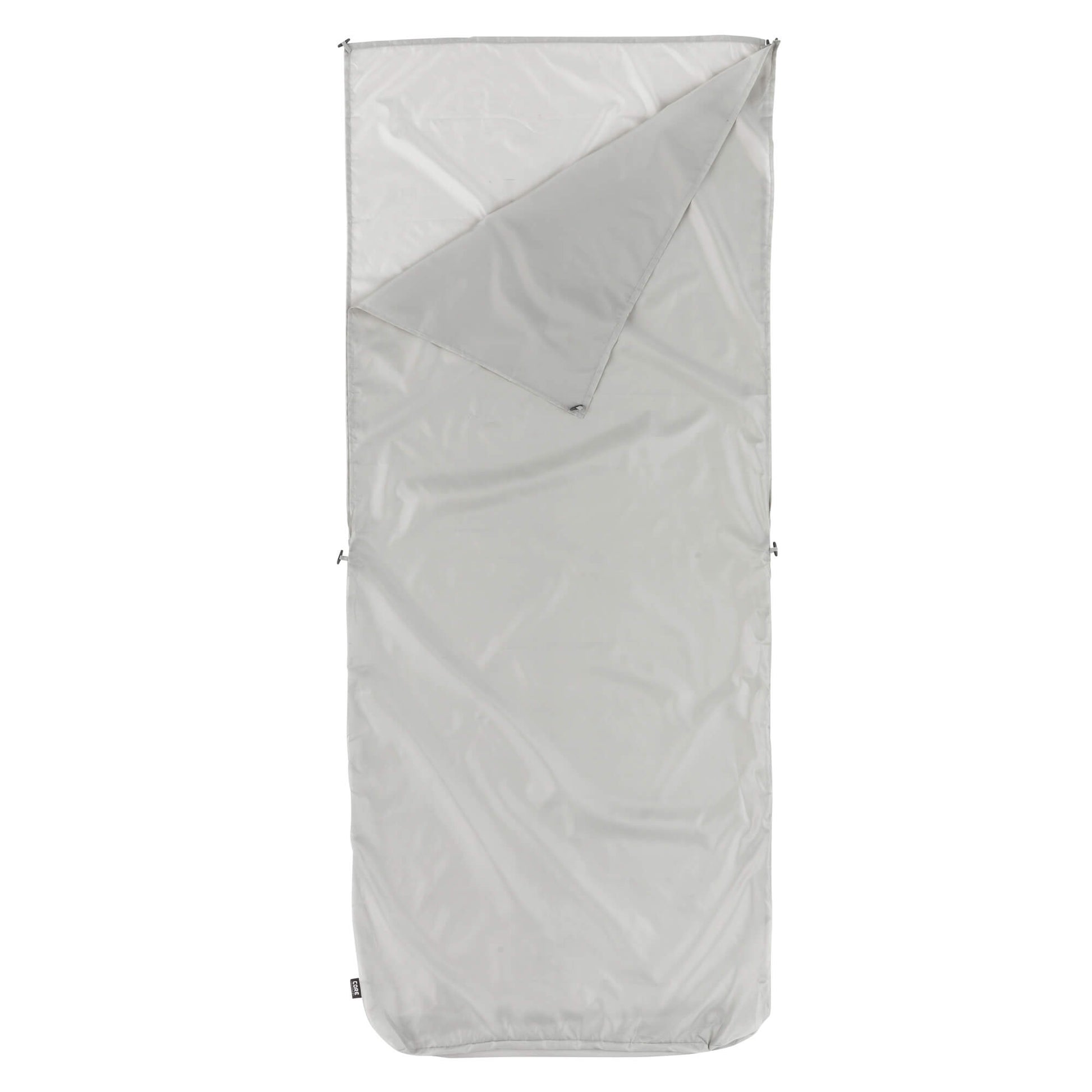 Light gray sleeping bag liner with top quarter folded down.