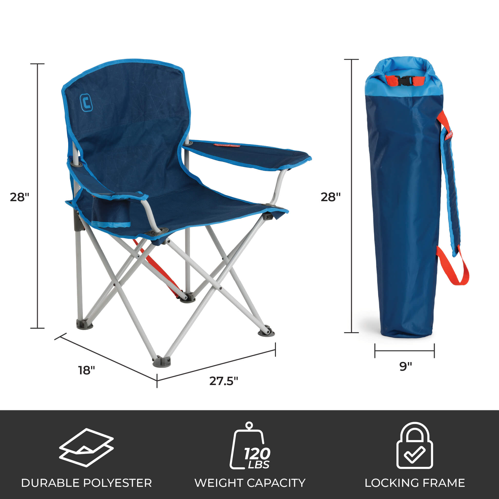 CORE youth camp chair in galaxy blue with dimensions 28 x 27.5 x 18 in, 120 lb capacity, durable polyester, and carry bag.