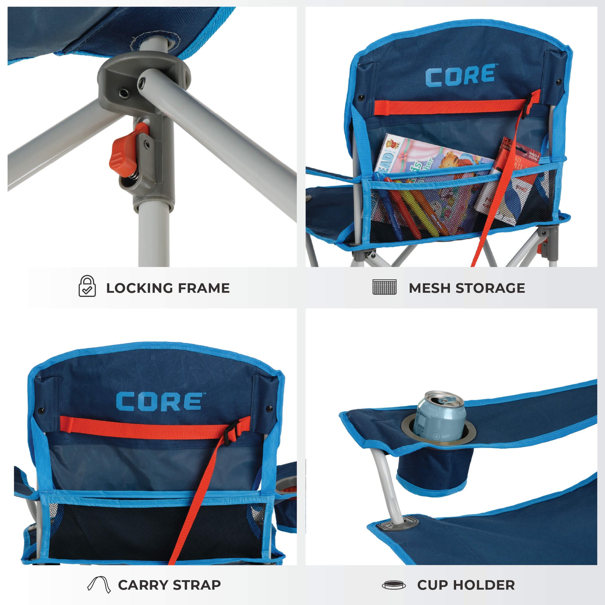 Detail of CORE youth chair in galaxy blue showing locking frame, mesh storage, cup holder, and carry strap.