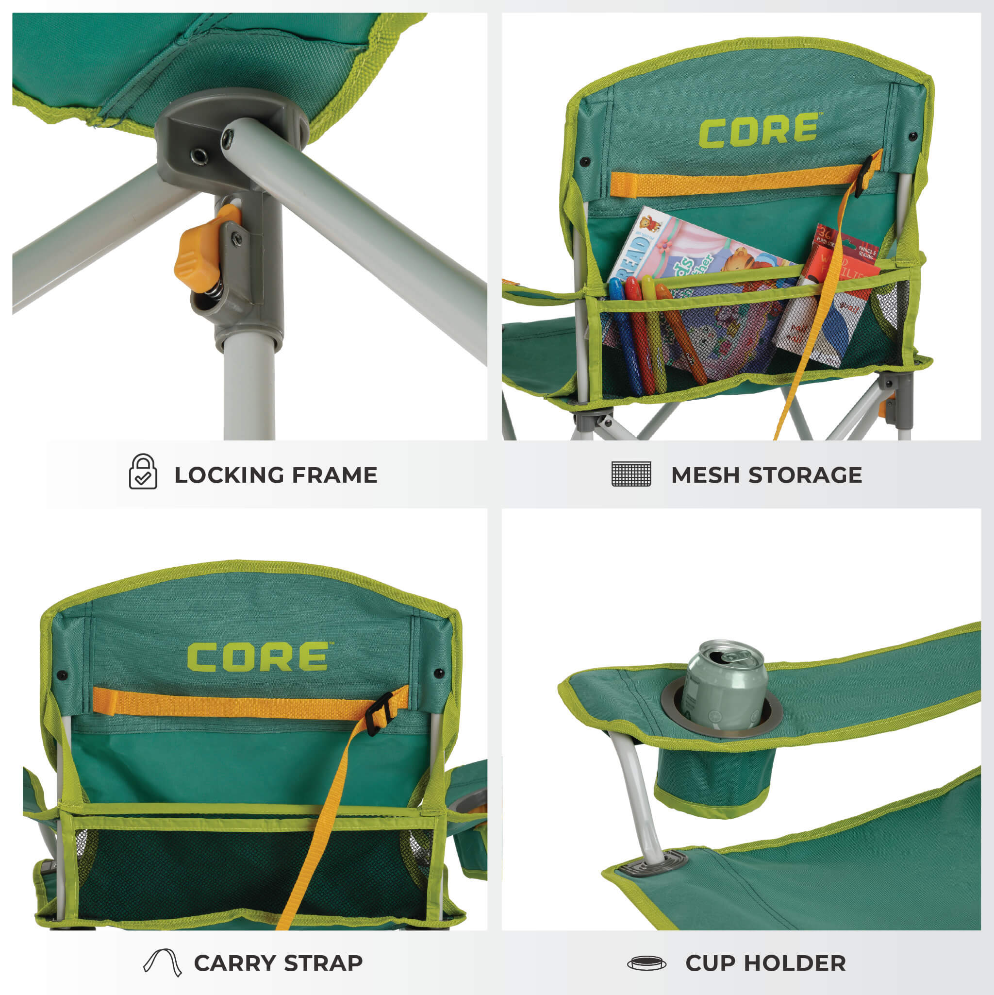 Detail of CORE youth chair in teal meadow green showing locking frame, mesh storage, cup holder, and carry strap.