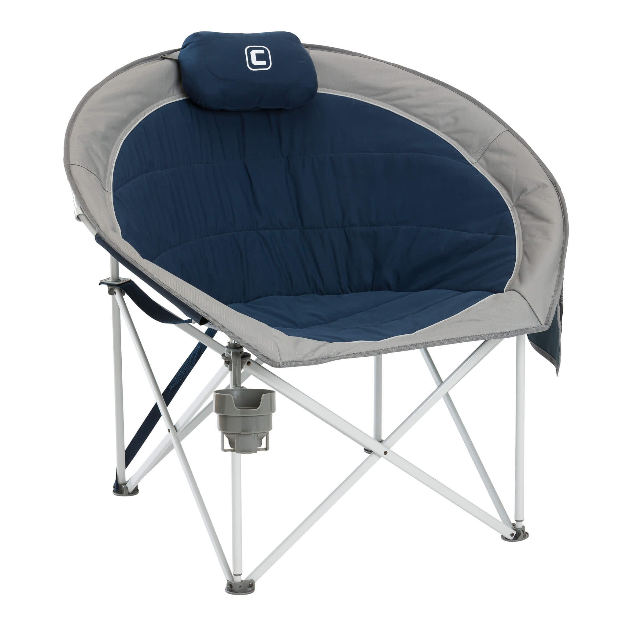CORE blue moon chair with padded seat, attached pillow, and cup holder on a steel folding frame.