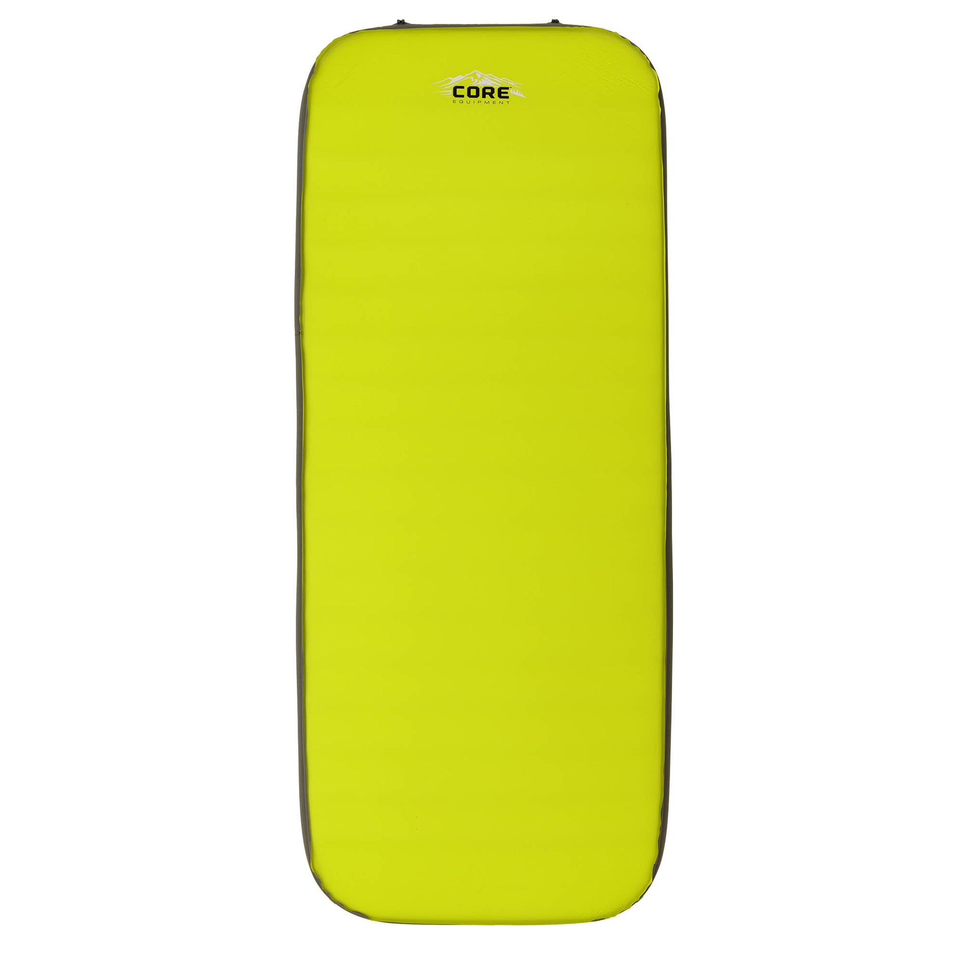 The CORE 4-Season Long Wide Self-Inflating Camping Bed is neon yellow, rectangular, with rounded corners and black edges. It displays the CORE logo near the top center.