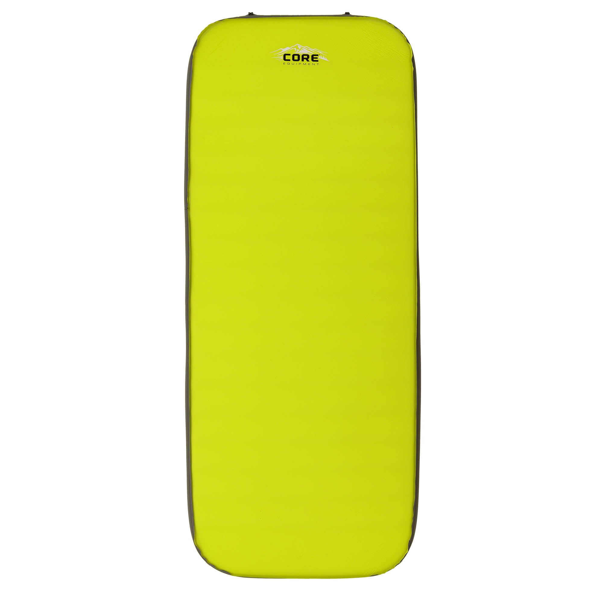The CORE 4-Season Long Wide Self-Inflating Camping Bed is neon yellow, rectangular, with rounded corners and black edges. It displays the CORE logo near the top center.
