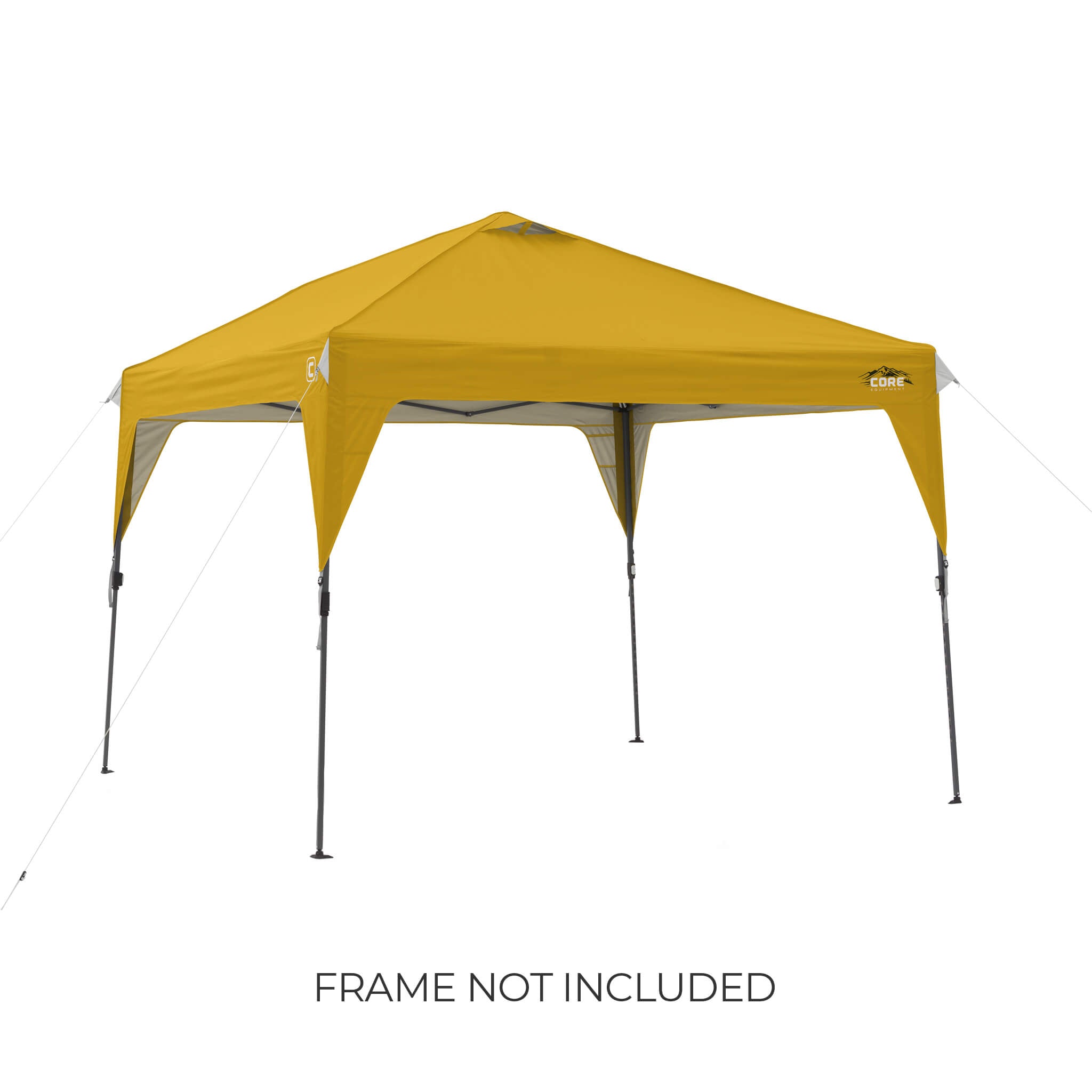 CORE 10x10 Center Push canopy top in yellow gold shown on frame, featuring vented roof and durable fabric, with text noting frame not included.