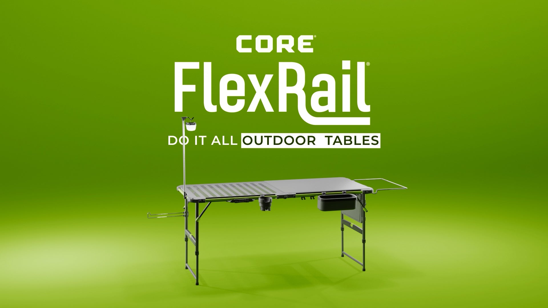 Load video: Video showcasing all the features for CORE Tailgate FlexRail table.