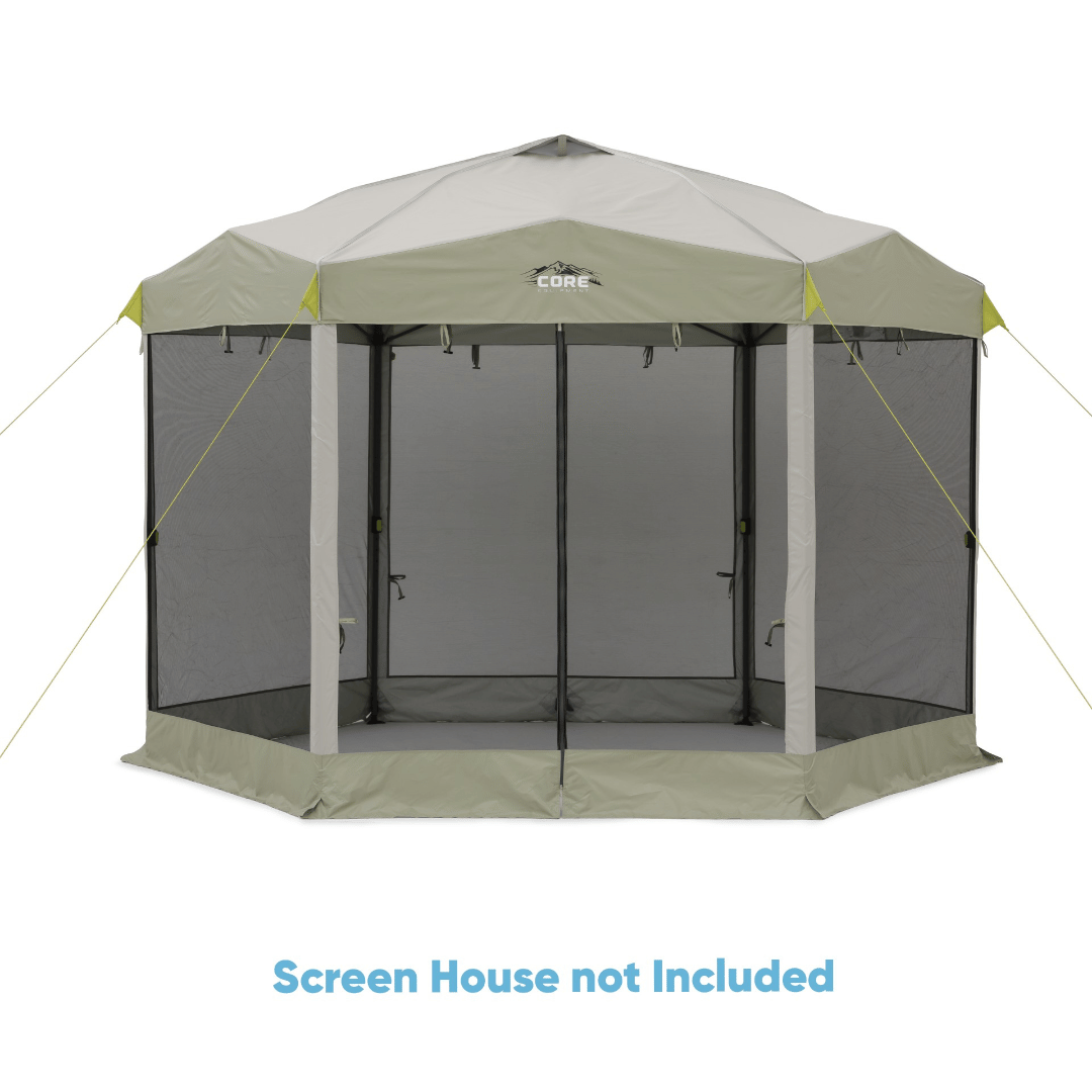 Outdoor canopy tent with screen house not included text on a white background that read: Screen House not Included