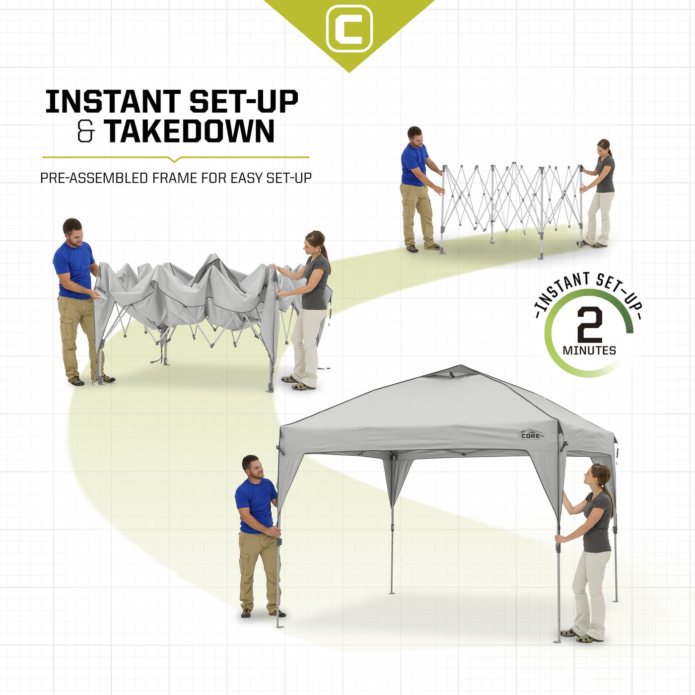 Core Equipment 10x10 Instant Canopy Setup series showing 2 minute setup