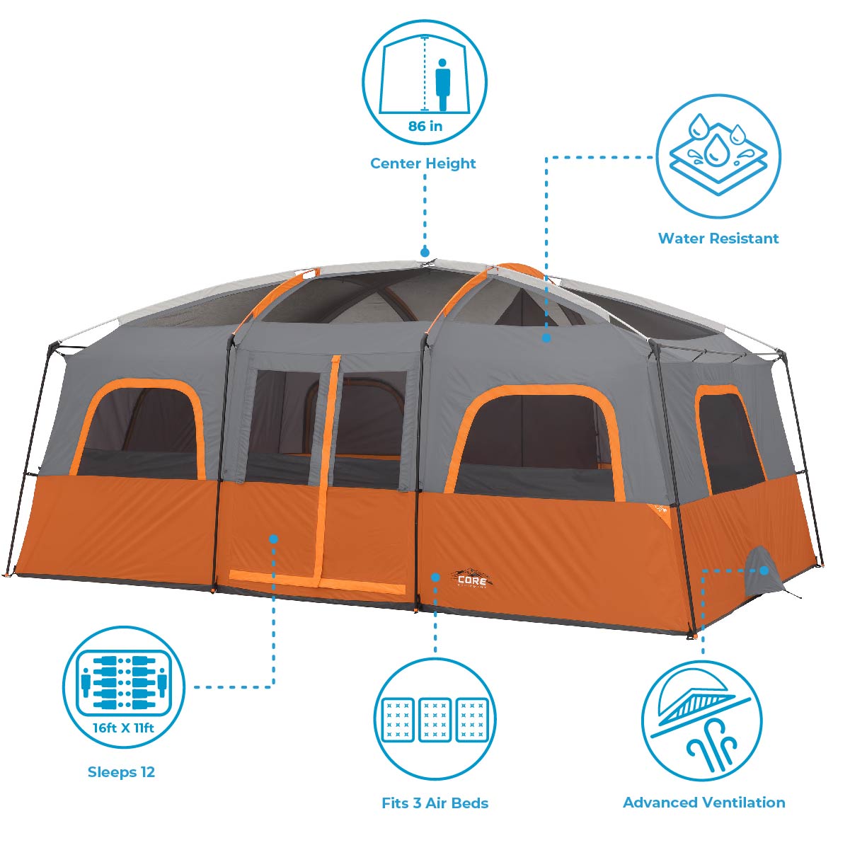テント・タープ CORE 12 Person  Cabin Tent Amazon.com : CORE 12 Person Straight Wall Cabin Tent with