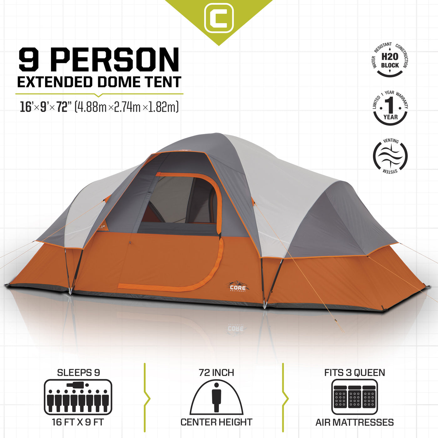 Core Equipment 9 Person Extended Dome Tent Tech Specs