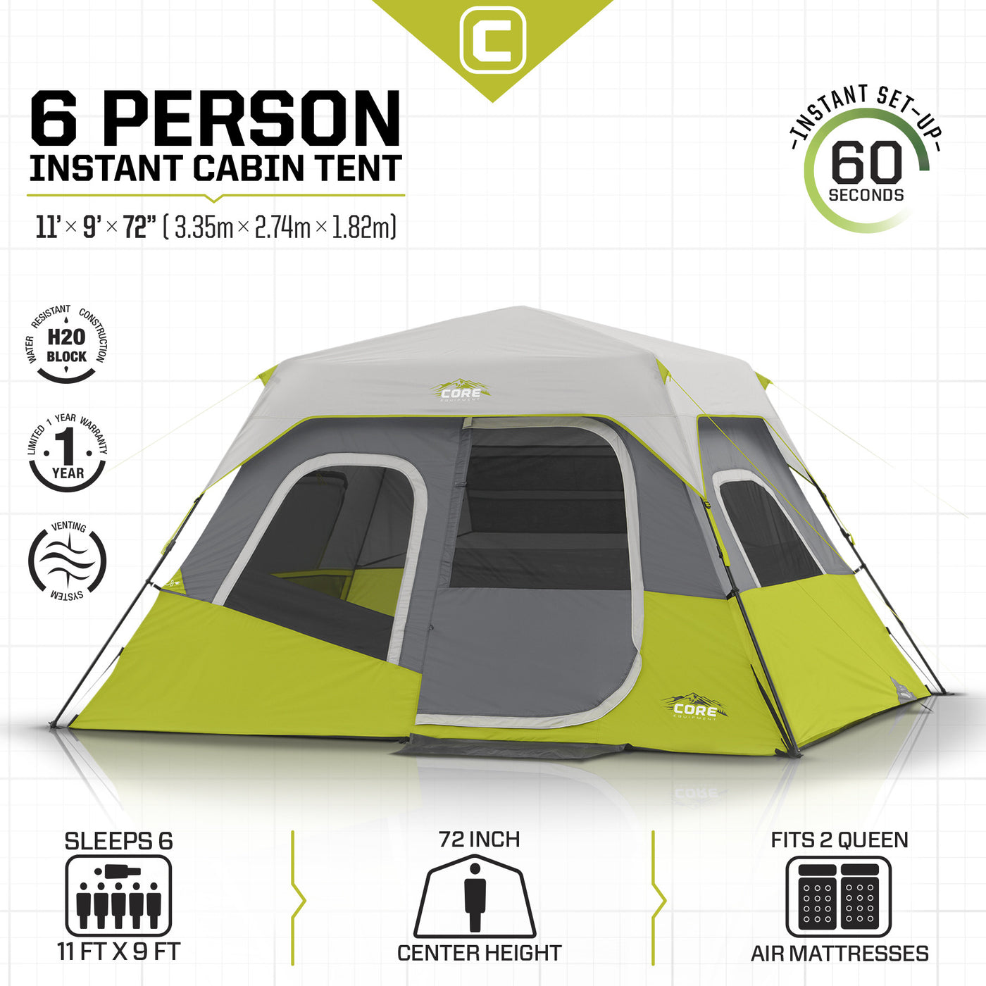 Core Equipment 6 Person Instant Cabin Tent Tech Spec