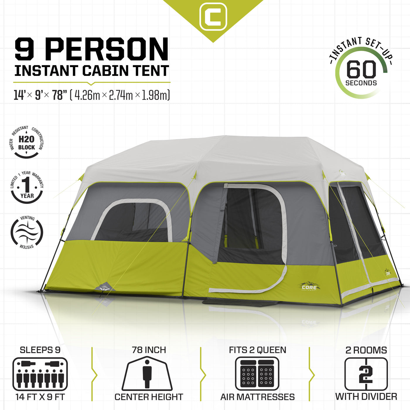 CORE 10 MAN PERSON LIGHTED INSTANT CABIN TENT CAMPING LARGE FAMILY QUICK  SETUP