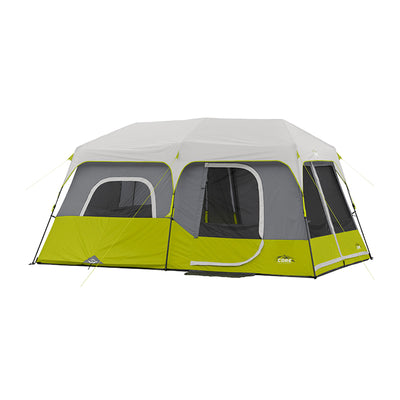 A large, outdoor camping tent with a light gray roof and lime green and dark gray walls. It features multiple windows and a door with a meshed section. The tent has a rectangular shape with a sturdy frame and is designed for spacious accommodation. Introducing the CORE 9 Person Instant Cabin Tent.