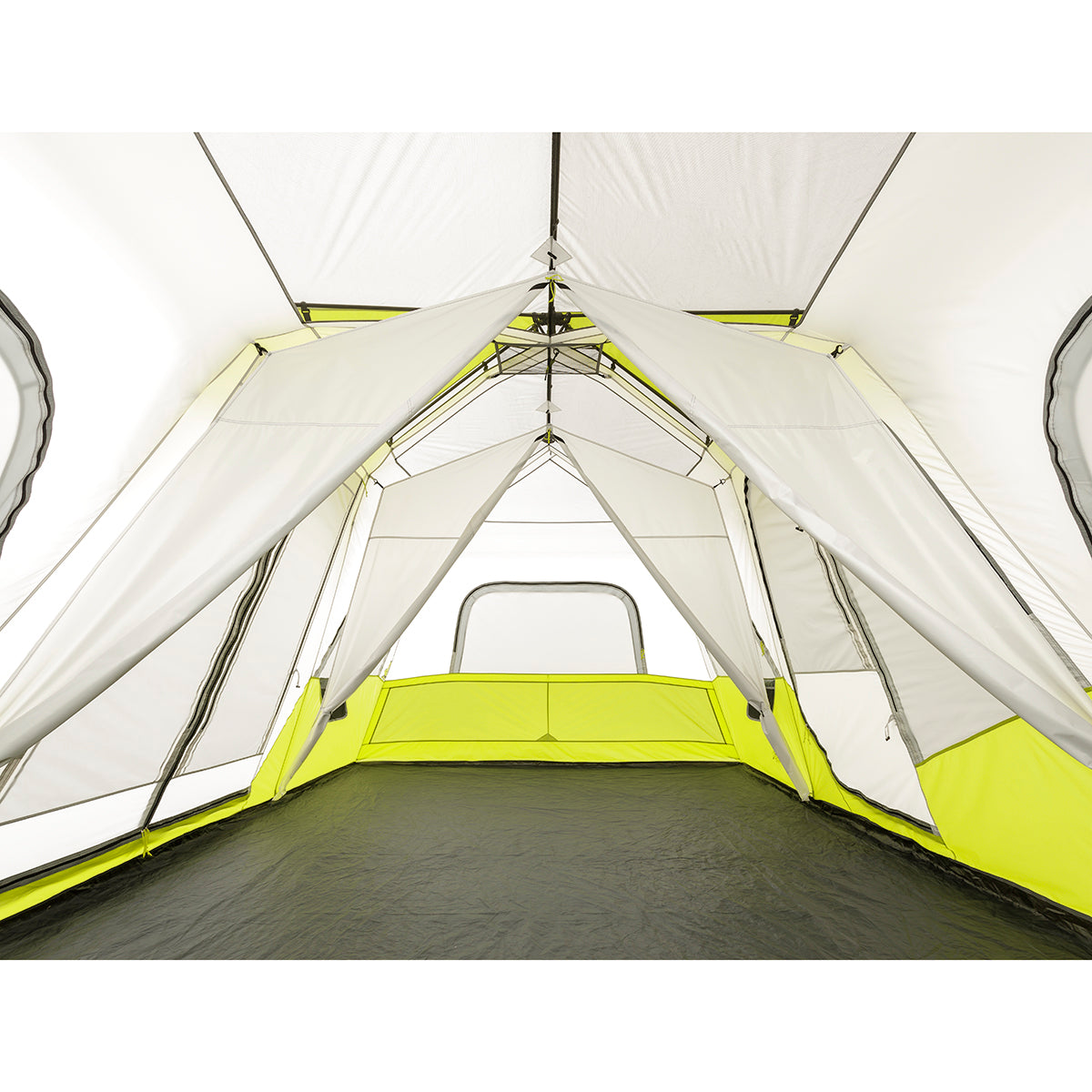 Interior view of a spacious 12 Person Instant Cabin Tent by CORE with a peaked roof and multiple sections. Ideal for camping, the tent fabric is primarily gray with bright green accents. Several windows and compartments provide ventilation and storage options. The floor is covered with a durable black material, perfect for outdoor adventures.