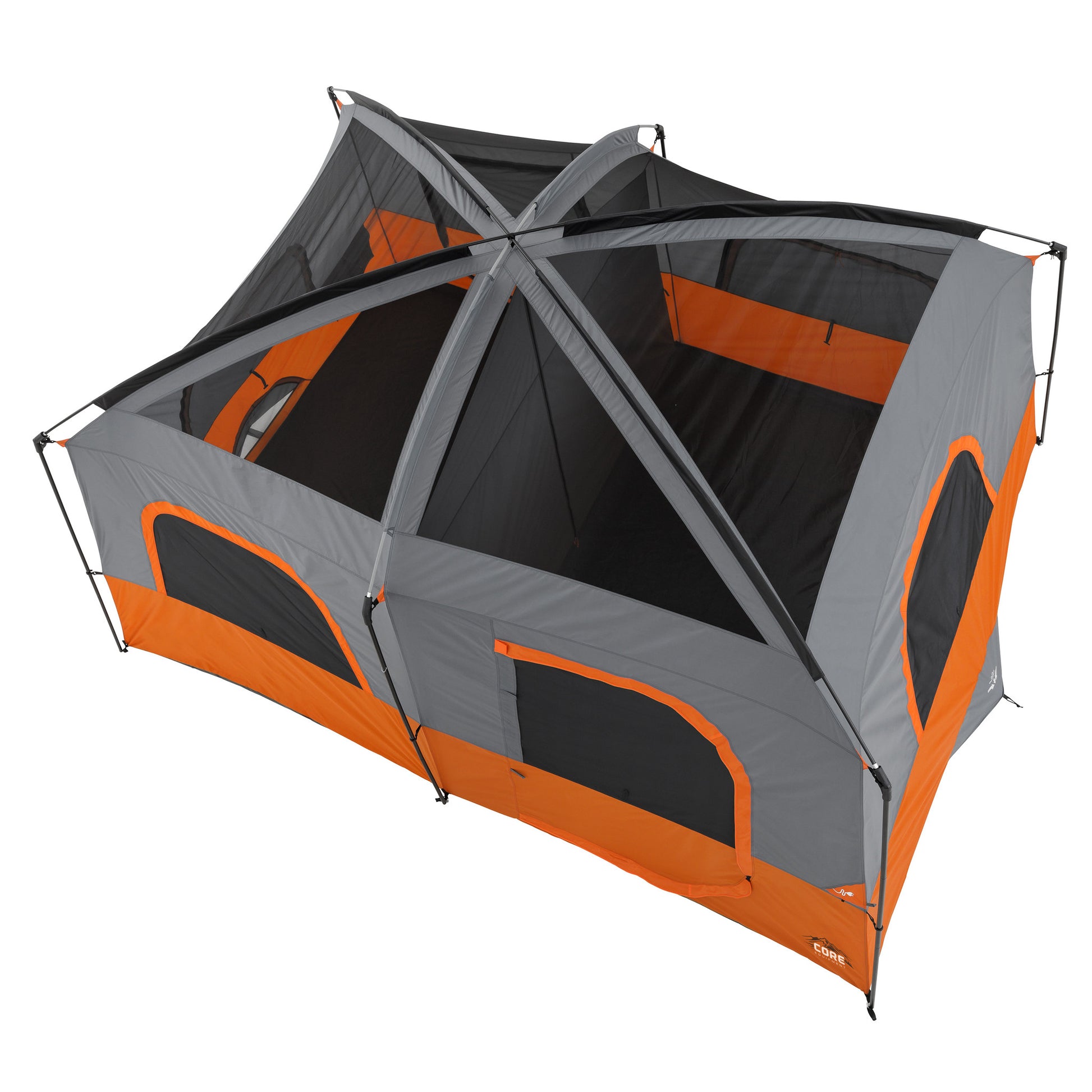 An orange and gray large 10 Person Straight Wall Cabin Tent by CORE shown from an elevated angle. The tent has multiple rooms, mesh windows for ventilation, and two doors with black, U-shaped zippers. The exterior structure is supported by criss-crossing poles.