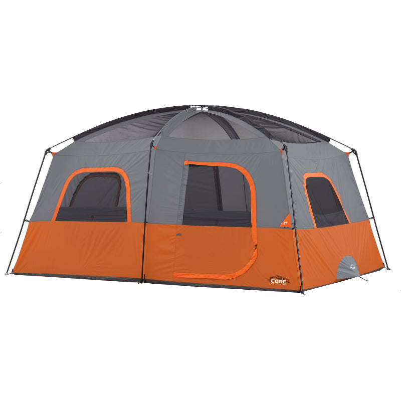 A large gray and orange 10 Person Straight Wall Cabin Tent with multiple windows and a door. The tent has a rounded roof and black supports, and it is branded with the "CORE" logo.