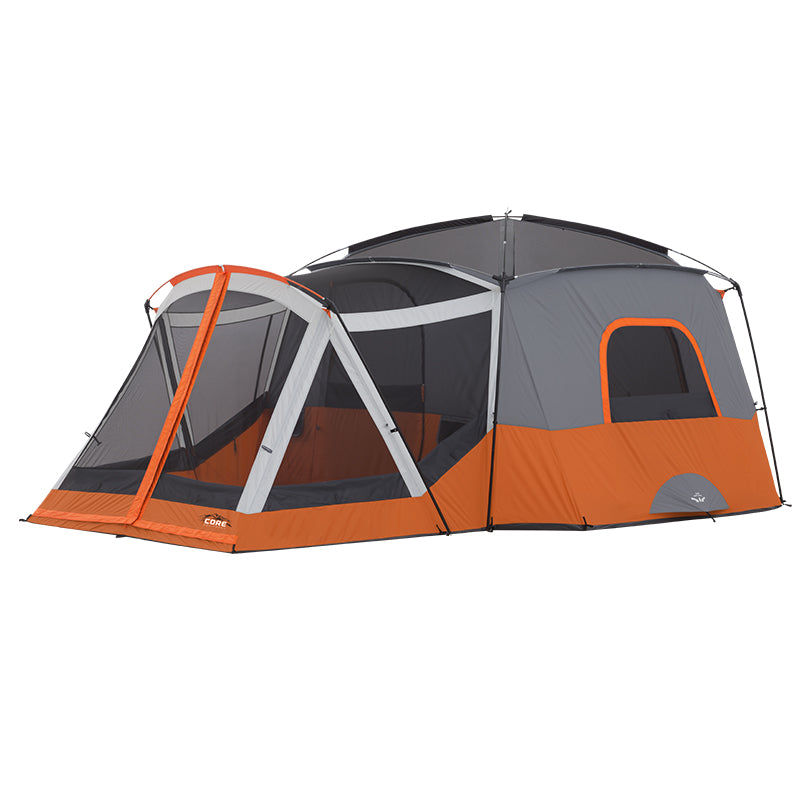 Core Equipment 11 Person Cabin Tent with Screen Room image with rainfly off to expose panoramic mesh ceiling