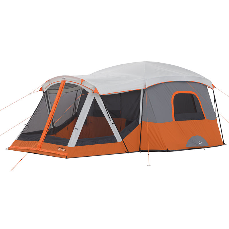 Core Equipment 11 Person Cabin Tent with Screen Room Hero image with rainfly on