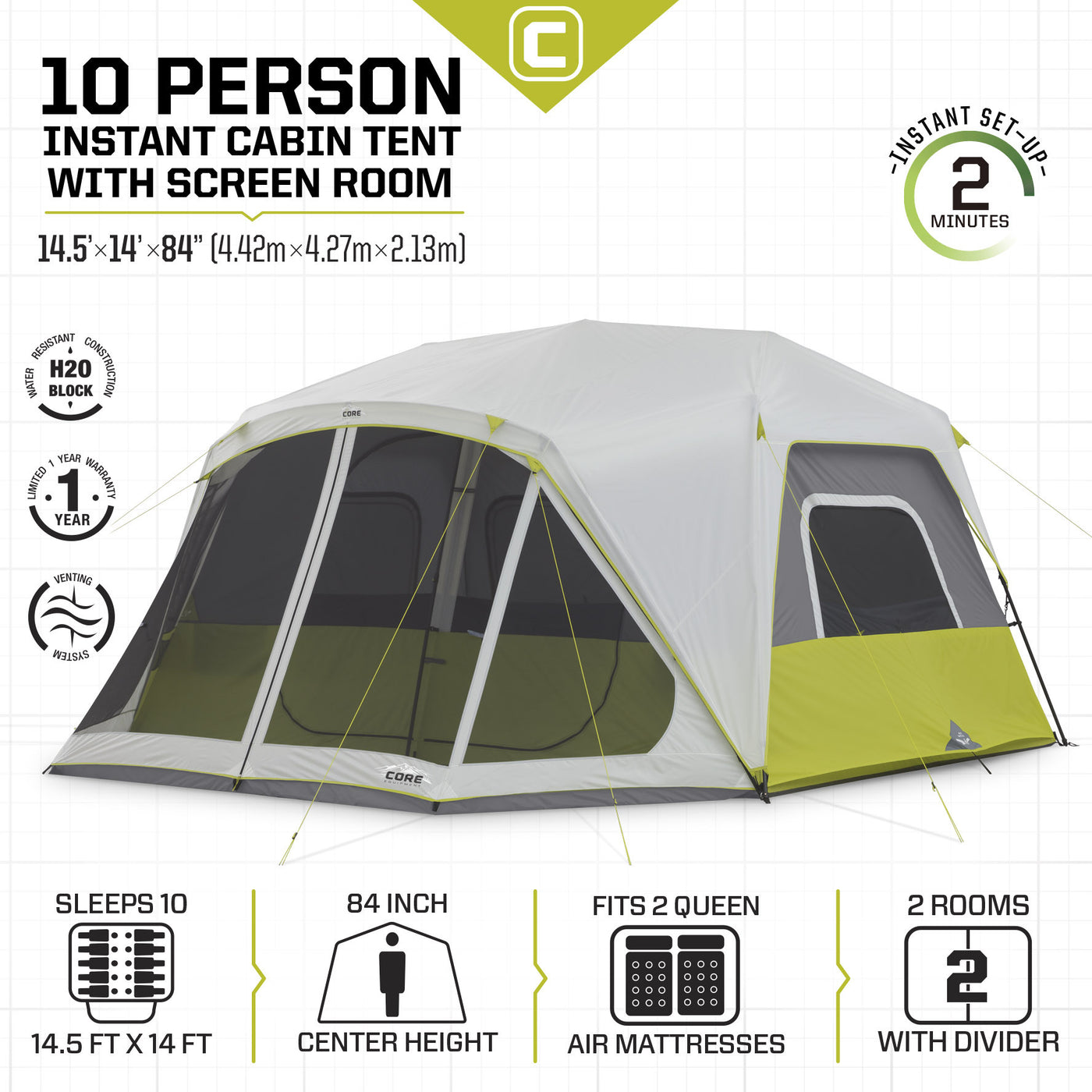 Core Equipment 10 Person Instant Cabin Tent with Screen Room Tech Spec