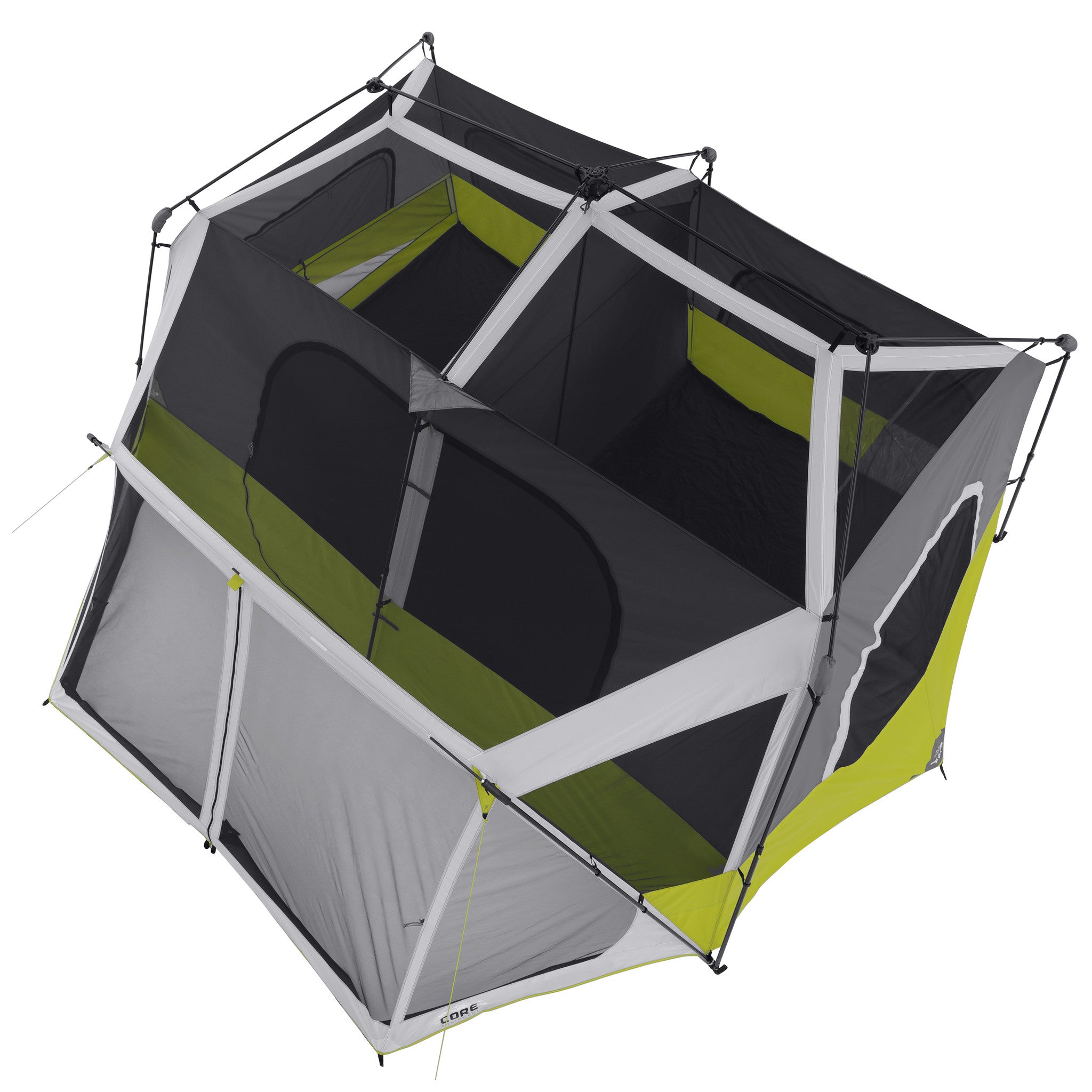 A high-angle view of a large, multi-room camping tent with a grey, black, and lime green color scheme. The CORE 10 Person Instant Cabin Tent with Screen Room has multiple windows and doors, a sturdy frame, and is divided into separate living spaces. It appears spacious and suitable for a family or group.