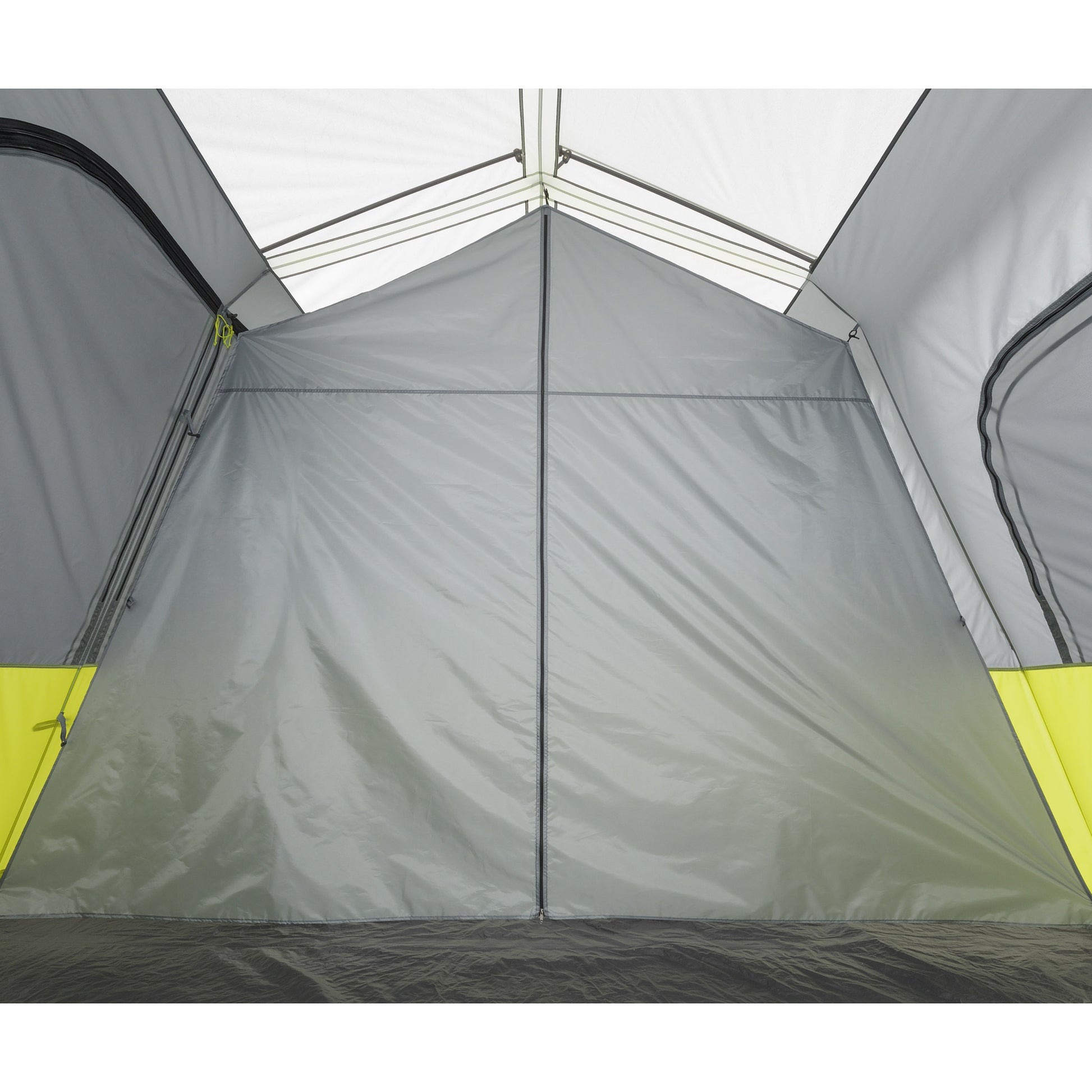 Interior view of a large, empty CORE 10 Person Instant Cabin Tent with Screen Room with a gray and yellow green color scheme. This outdoor shelter features high walls, a peaked roof, and zippered doorways on both sides. The fabric is taut and the floor is clean, revealing the spacious area perfect for camping adventures.