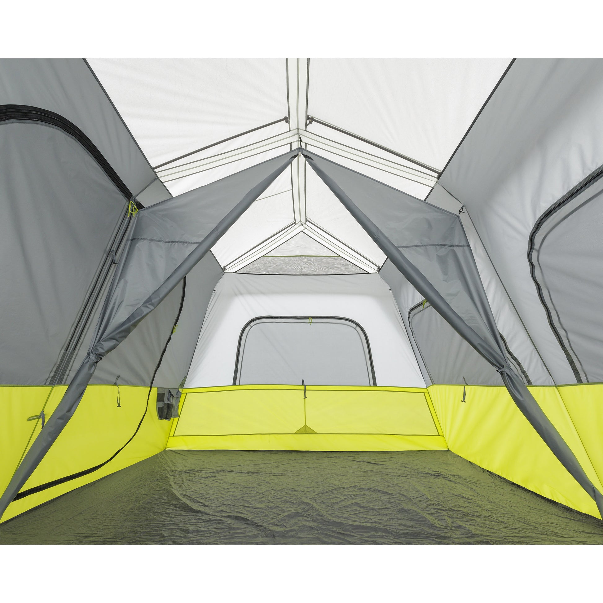 Interior view of a spacious 10 Person Instant Cabin Tent with Screen Room by CORE. The tent has a gray and green color scheme with green accents near the bottom. Perfect for outdoor adventures, it features a high ceiling, multiple zipped entrances, and large mesh windows for ventilation. The floor area is clean and open, ideal for camping comfort.