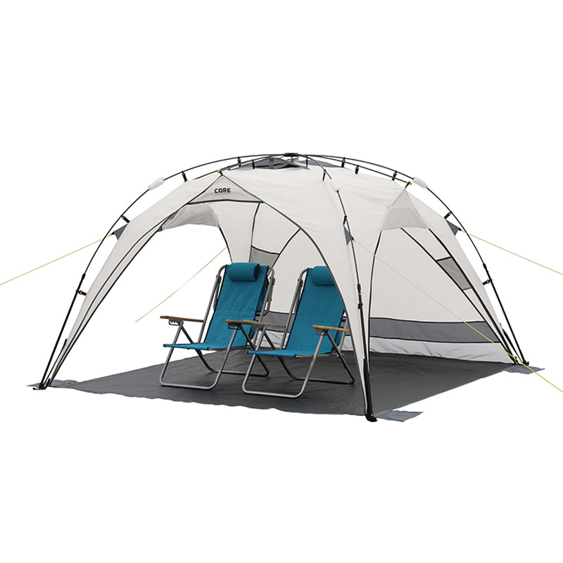 8x8 Instant Sport shade Light version image with two beach style chairs sitting on shelter floor under shelter with side panels rolled