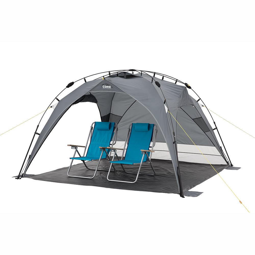 8x8 Instant Sport shade Dark version image with two beach style chairs sitting on shelter floor under shelter with side panels rolled