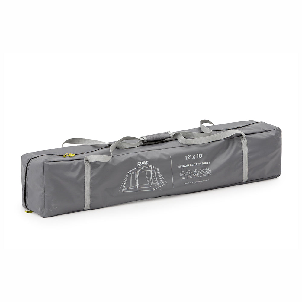 A gray rectangular carrying bag with handles and a zipper, designed for the CORE 12' x 10' Instant Screen House. The bag features a white outline graphic of the tent and the brand name "CORE" on its surface.