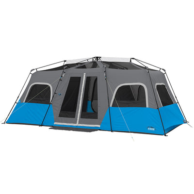 12 Person Instant Lighted Cabin Tent hero image with rainfly off to expose panoramic mesh ceiling