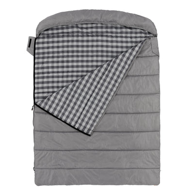 Hero image of cool climate queen size sleeping bag, grey with checkered pattern interior