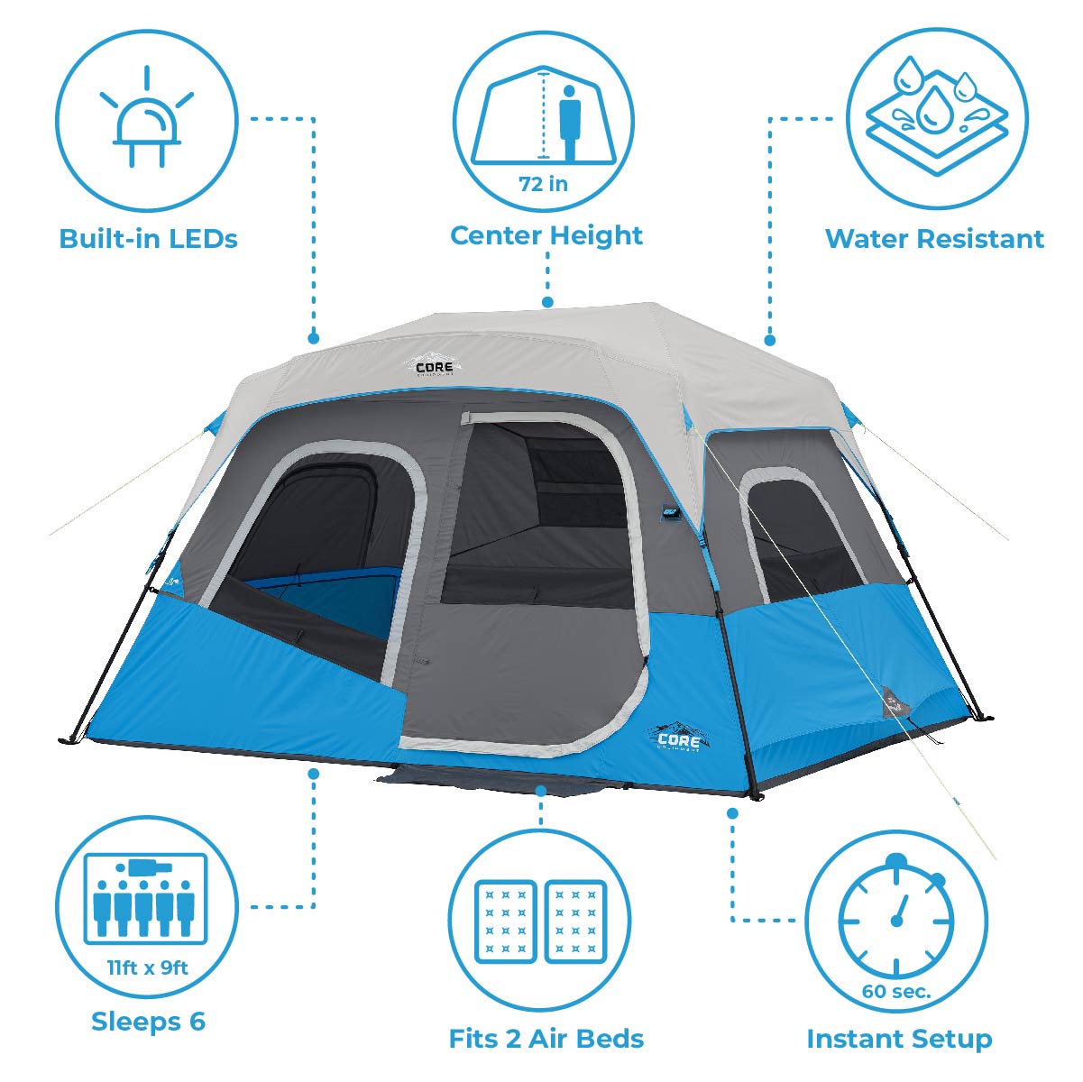 CORE 12 Person Instant Cabin Tent with LED Lights