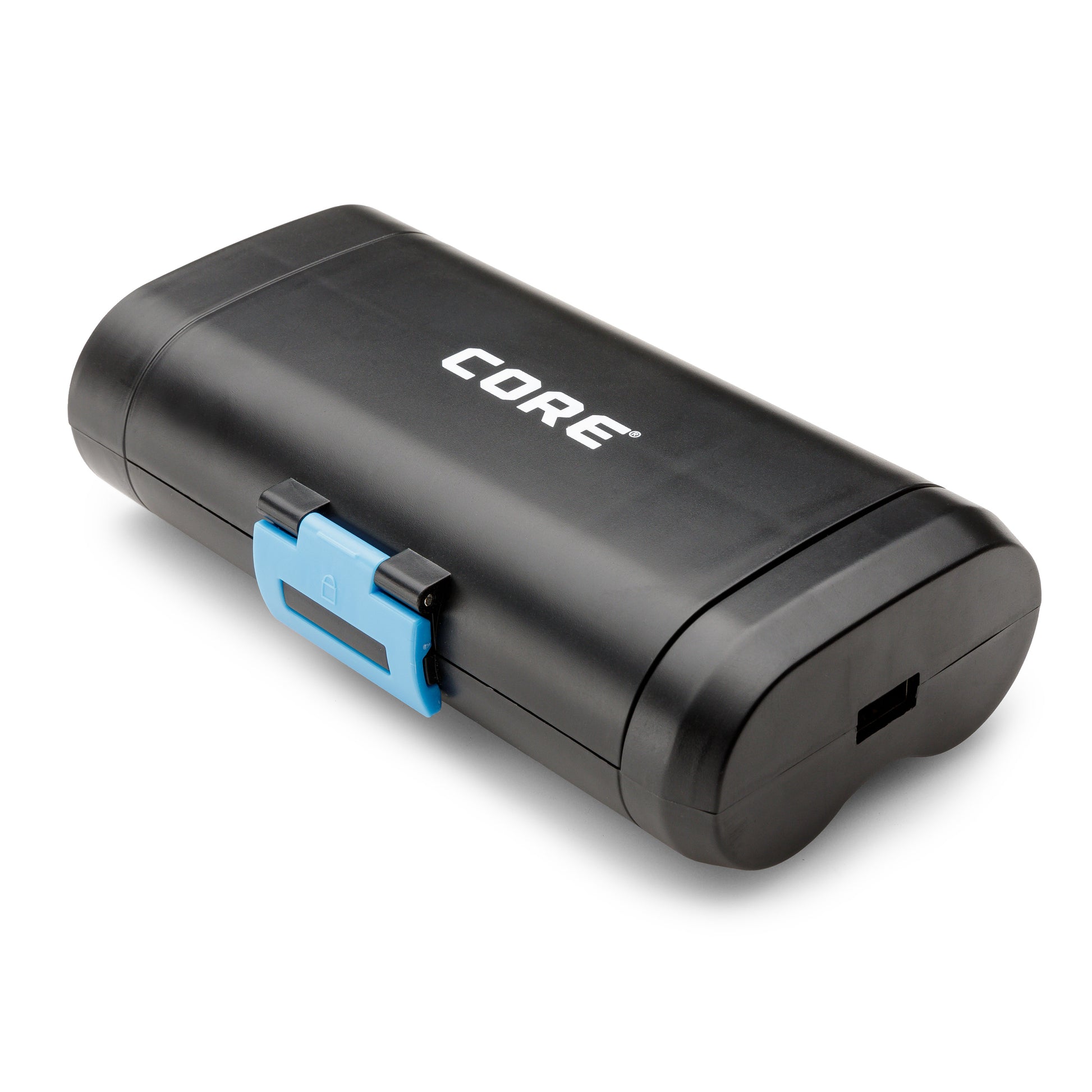 A black, rectangular hard-shell case with rounded edges and the word "CORE" printed in white on top. It features a blue latch on the front side for secure closure. The case is set against a plain white background, used for the CORE Lighted Instant Cabin Tents.