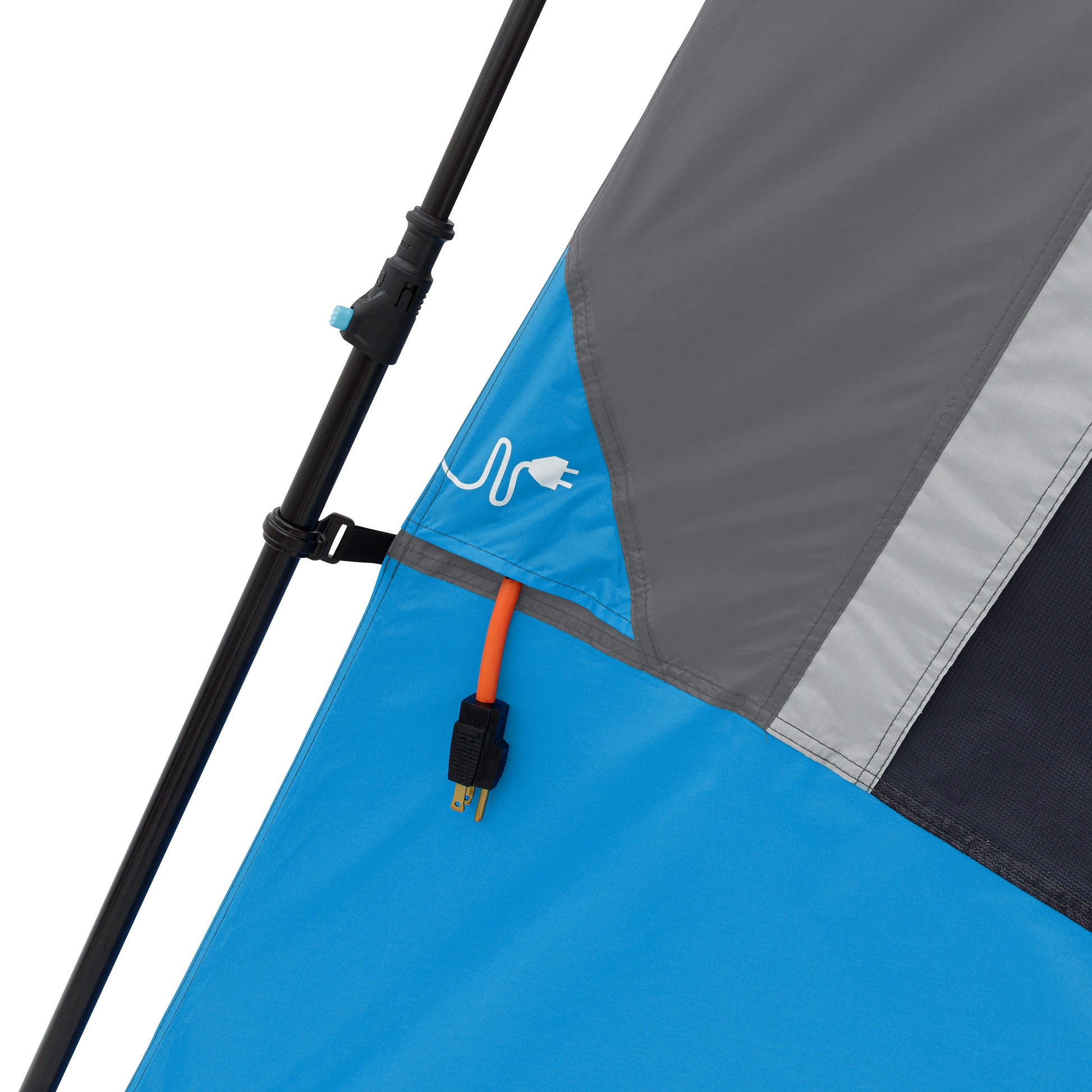 A close-up view of a CORE 6 Person Lighted Instant Cabin Tent featuring a built-in port for an electrical cord. The port shows an orange electrical cord plugged in and exiting through a small opening, highlighted by a graphic of a plug. 