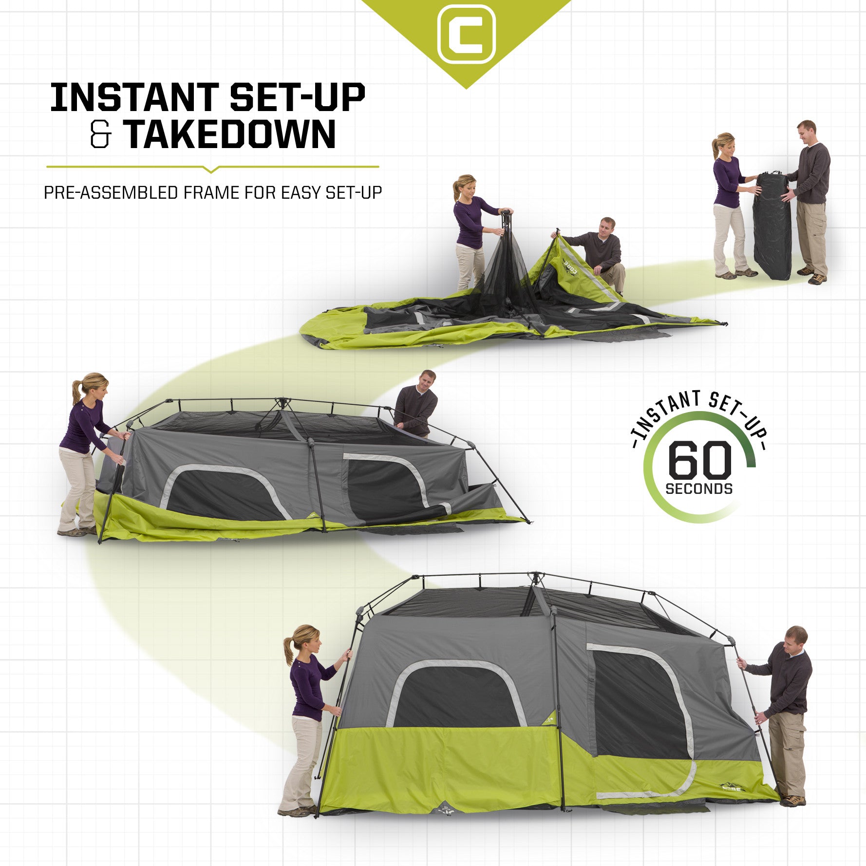 Three images show a man and woman setting up a CORE 9 Person Instant Cabin Tent with green and gray colors. The first image shows them unfolding it, the second image shows an assembled frame, and the third image displays the fully set-up tent with "Instant Set-Up & Takedown" and "60 Seconds" text.