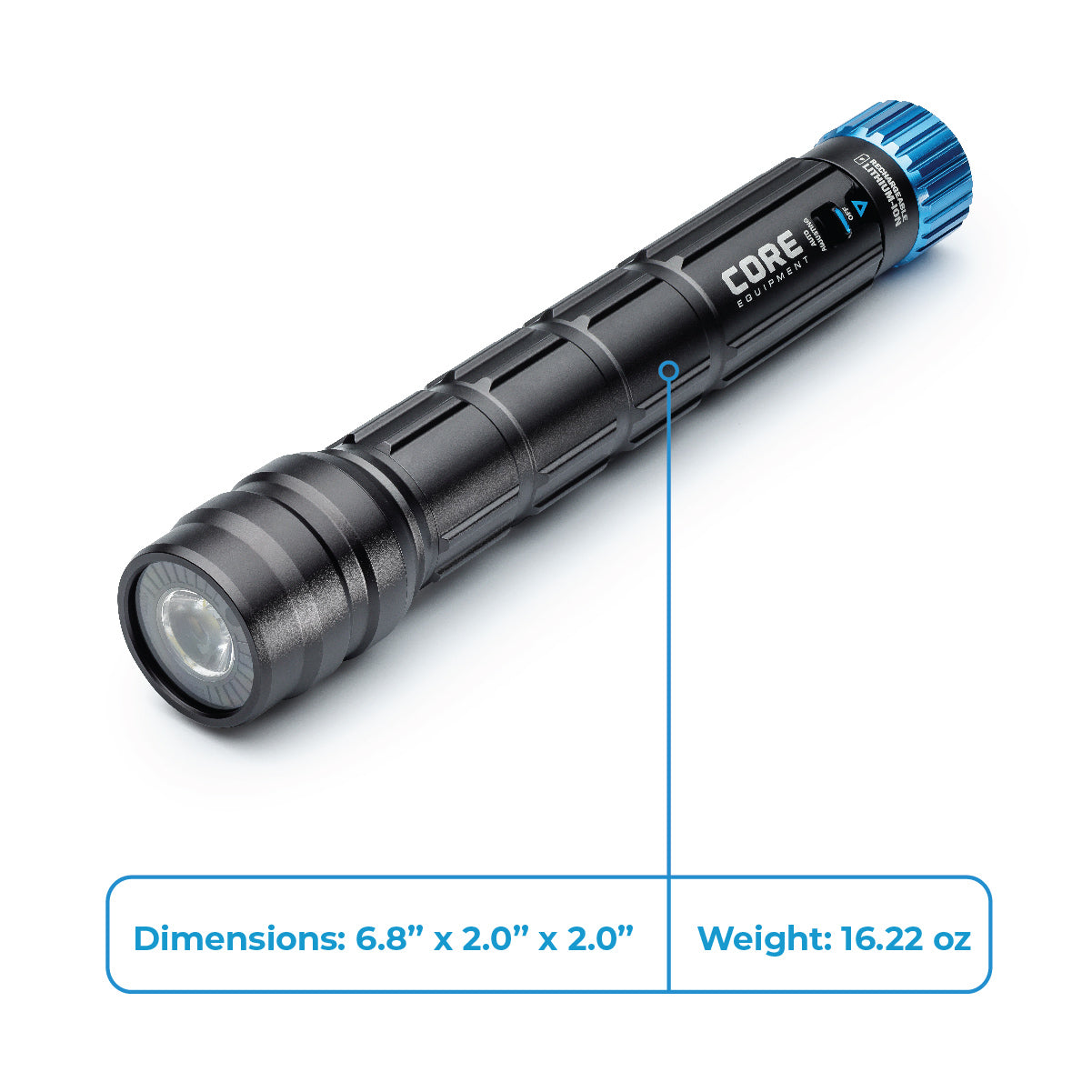 CORE 1500 lumen rechargeable flashlight showing the dimensions.