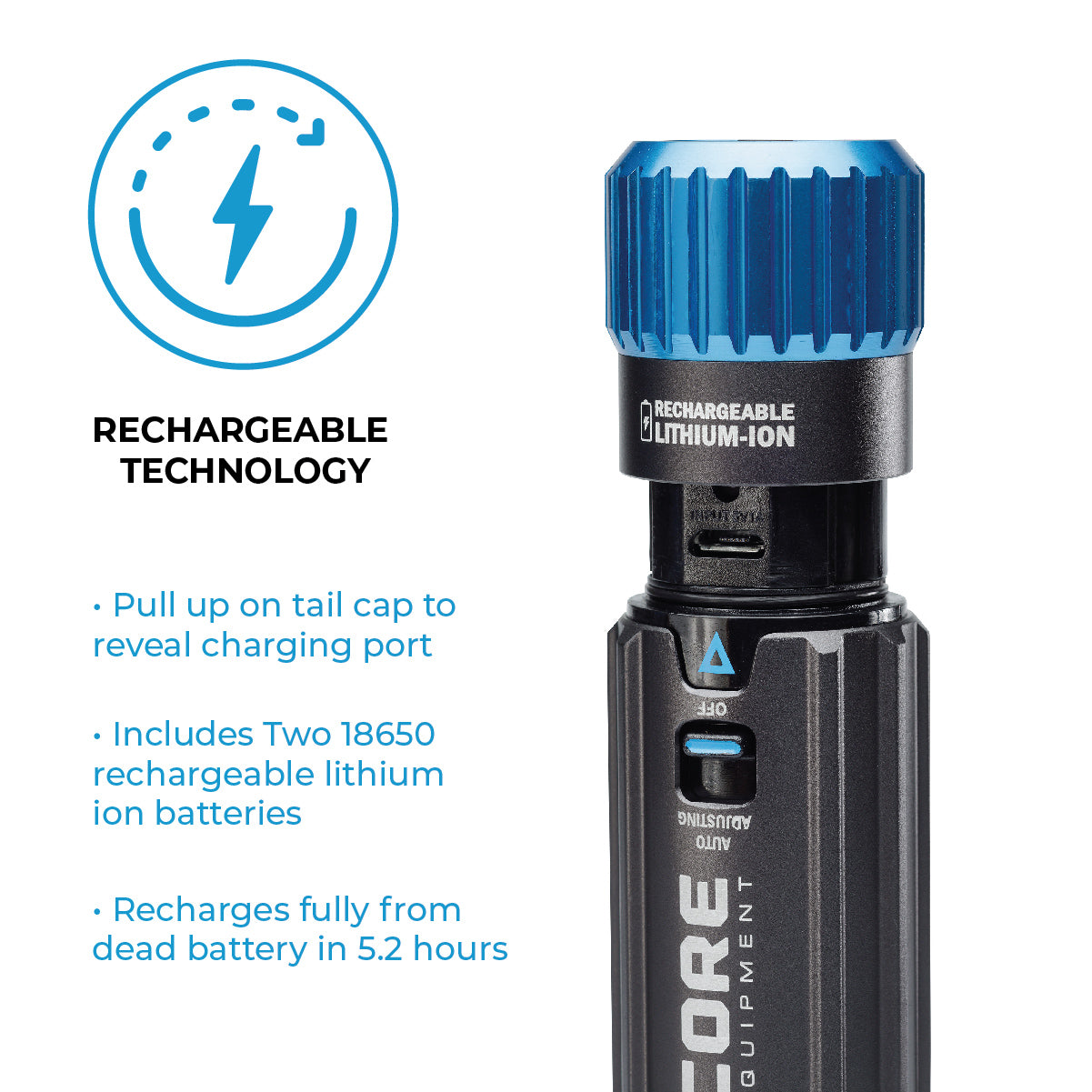 CORE 1500 lumen rechargeable flashlight showing the rechargeable technology features.