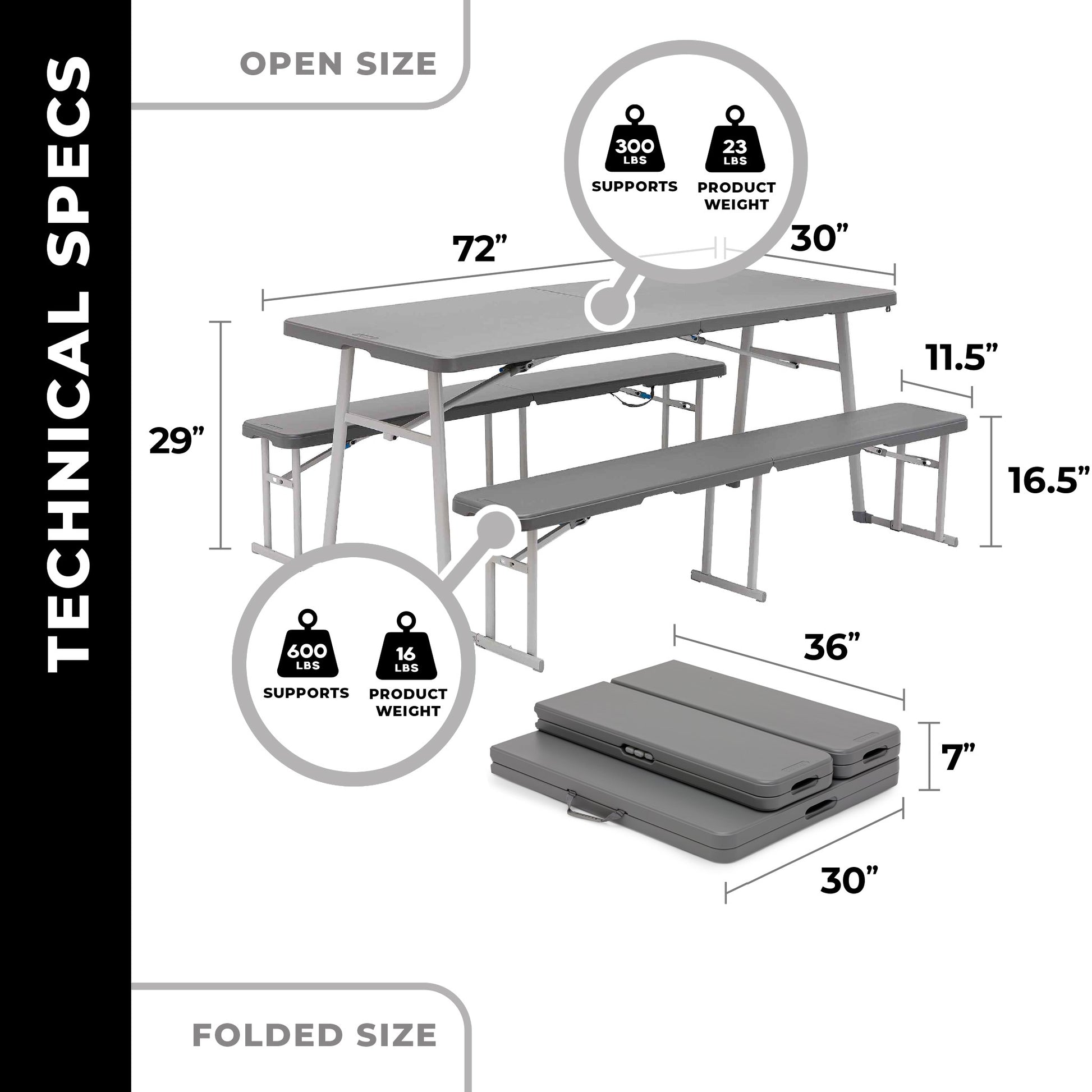 Dimensions of CORE folding picnic table with benches shown open and folded for portability.