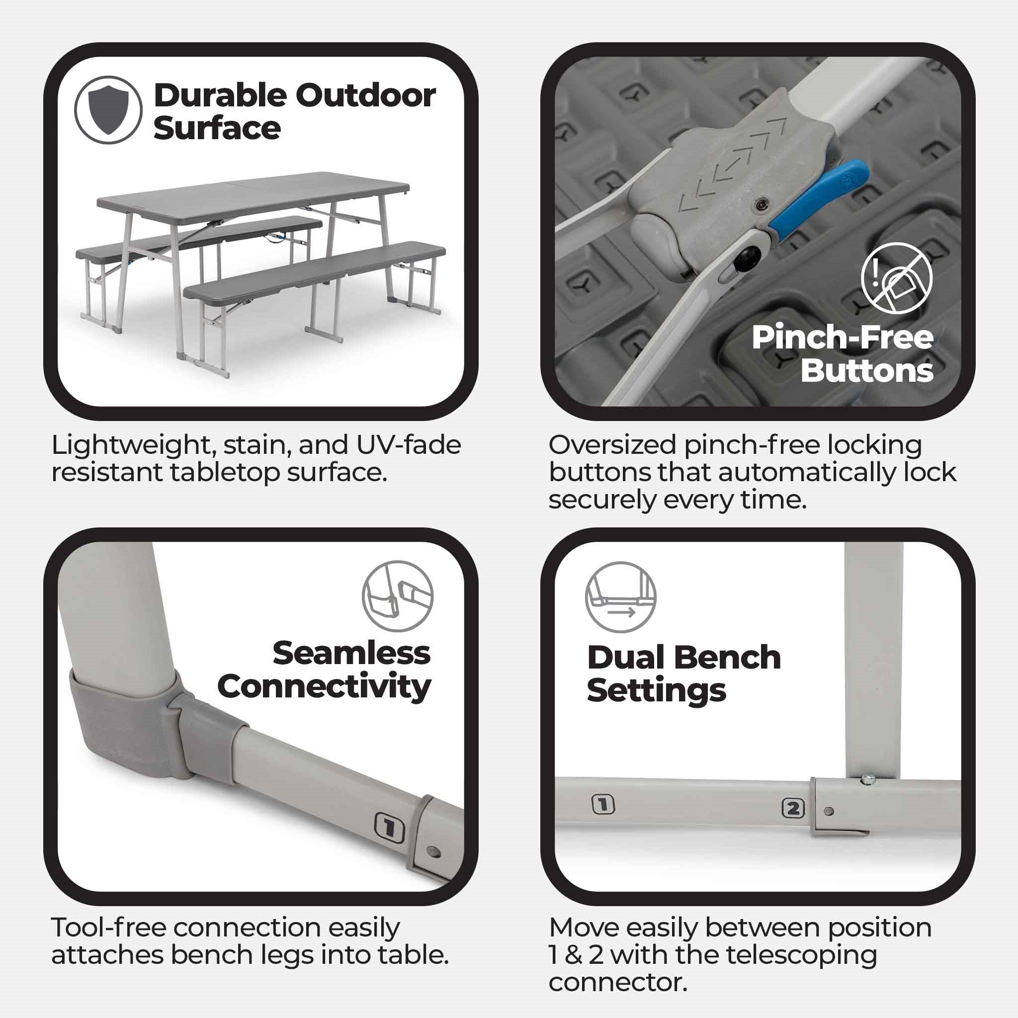 CORE picnic table with durable outdoor surface, pinch-free locking buttons, and dual bench settings.